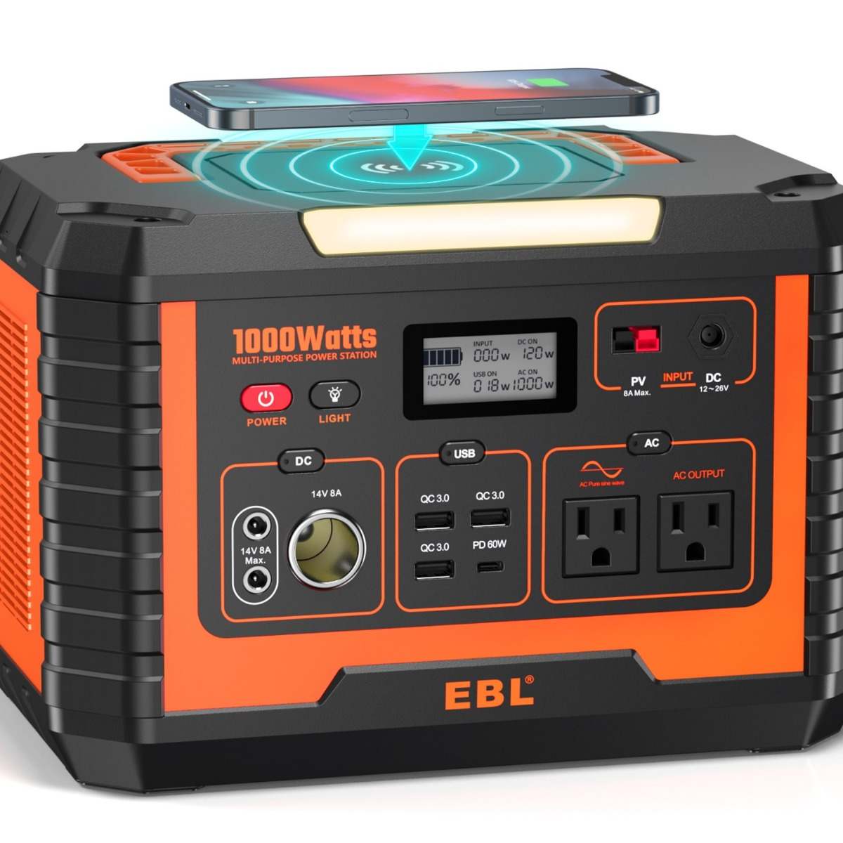 EBL Voyager 1000 Portable Power Station - 1000W Solar Generator for Camping, Home Backup & Outdoor Adventures - Fast Charging with 110V AC Outlets & USB Ports