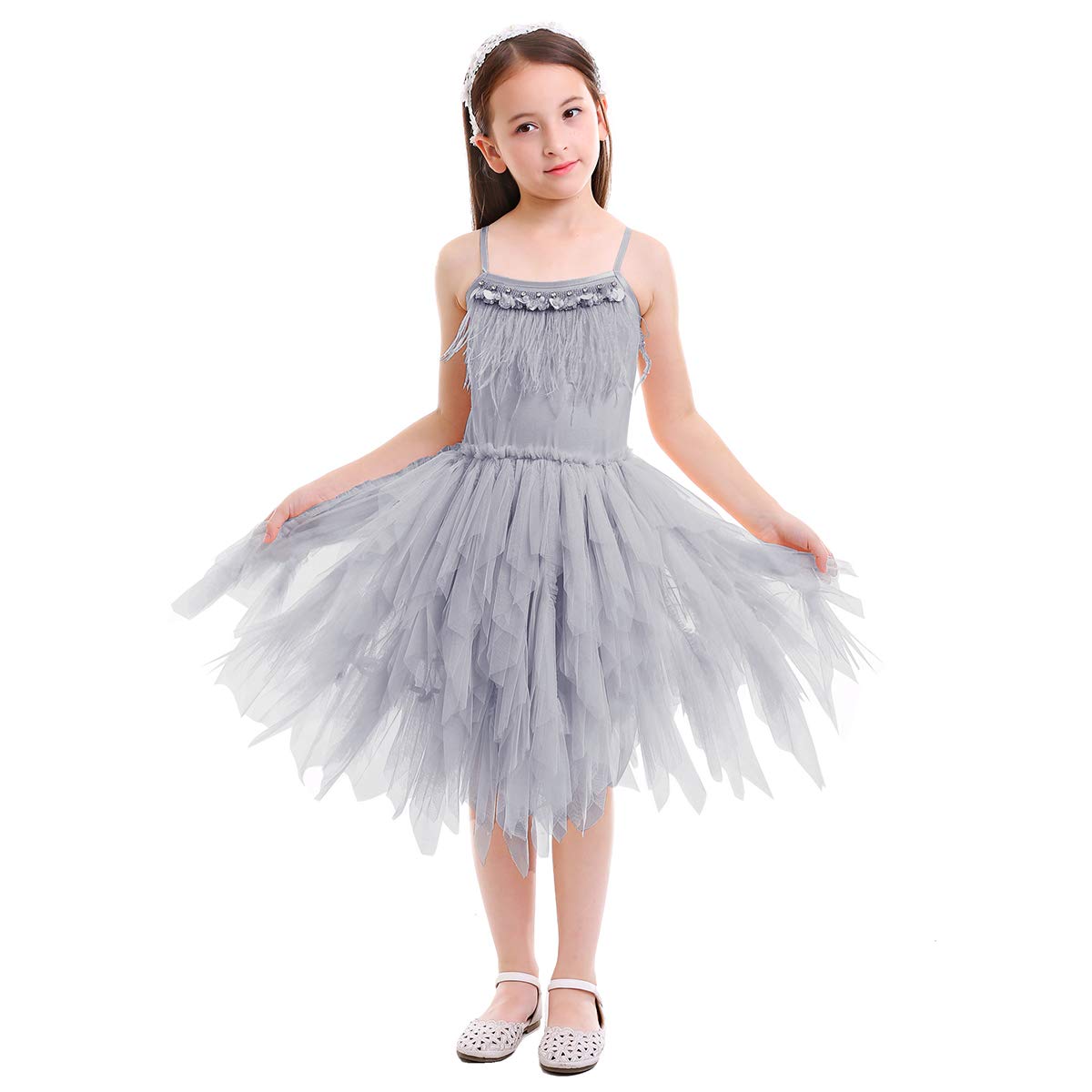 OBEEII Girls Swan Princess Feather Fringe Tutu Dress - Elegant Pageant Party, Wedding, Dance, Birthday Gown for Special Occasions | Perfect for Pageants, Tea Parties & Photo Shoots