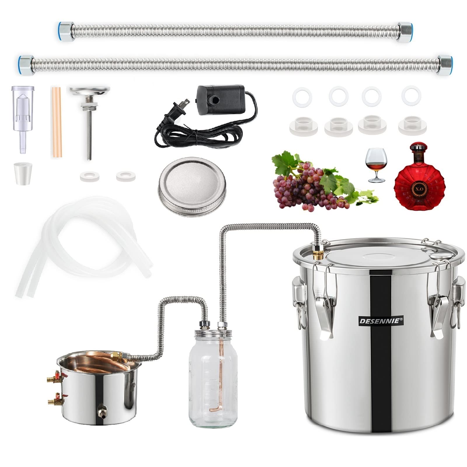 8 Gallon Alcohol Distiller Kit with Stainless Steel Pot, Glass Thumper Keg & Copper Coil - Complete Home Brewing Equipment for Whisky, Brandy, Vodka Making - Includes Thermometer & Water Pump for Perfect Distillation (Ideal for Home Brewers & Craft Spirit Enthusiasts)