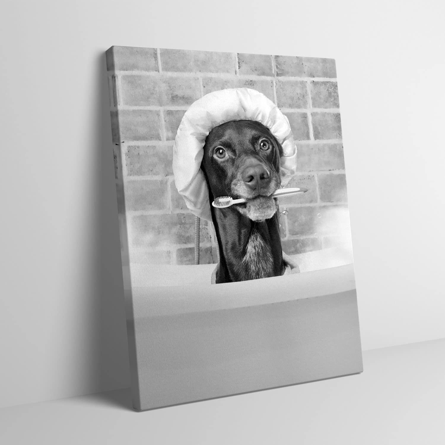 GUBIYU Funny Black and White Dog in Bathtub Canvas Wall Art - 24x36 Inch Contemporary Animal Painting Print for Bathroom, Living Room & Bedroom Decor | Perfect for Modern Homes, Apartments and Office Spaces