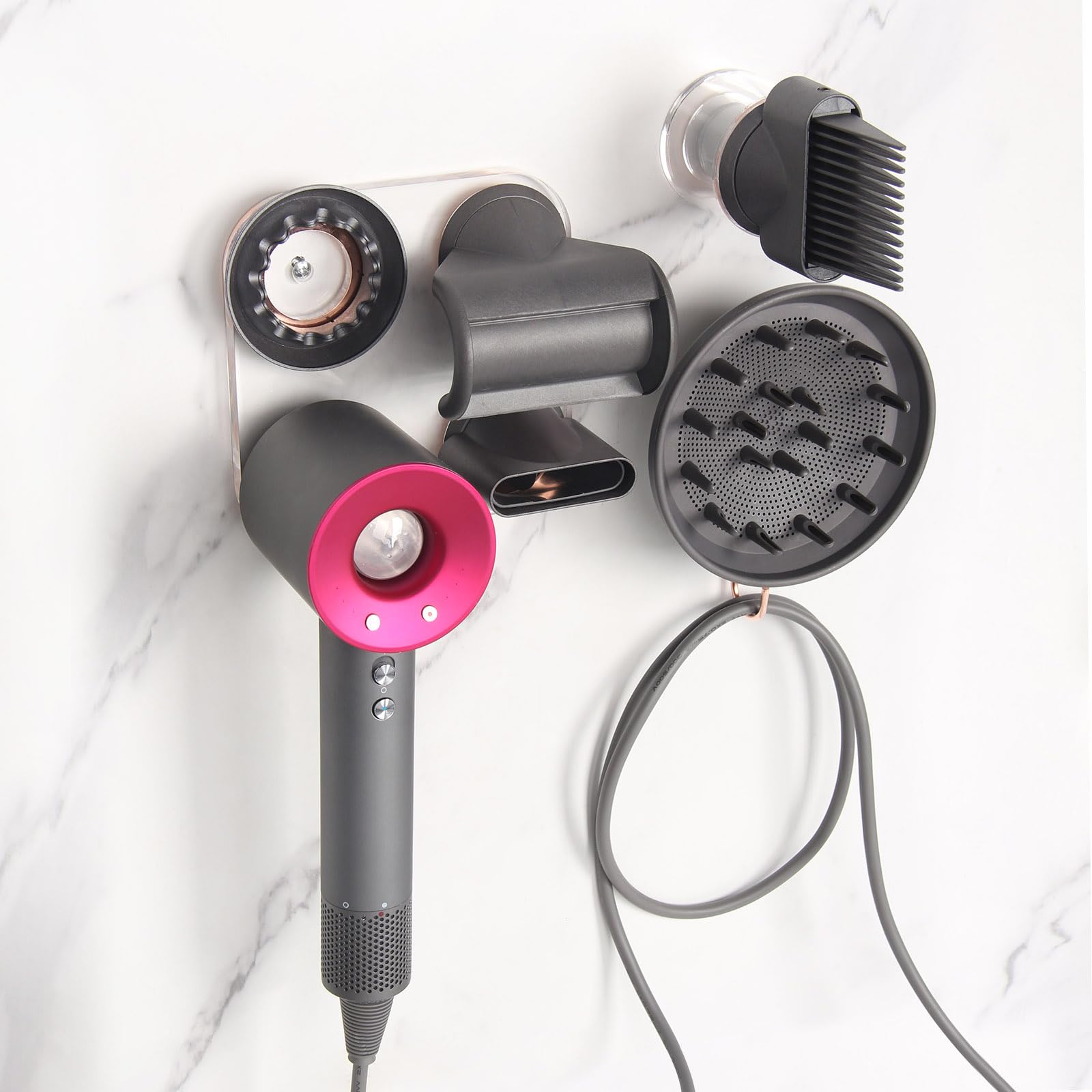 Dyson Supersonic Hair Dryer Holder - Acrylic Wall Mount Stand for 5 Attachments & Diffuser | Wide Tooth Comb Storage | Bathroom Blow Dryer Organizer (Clear) - Perfect for Salon, Spa & Home Use