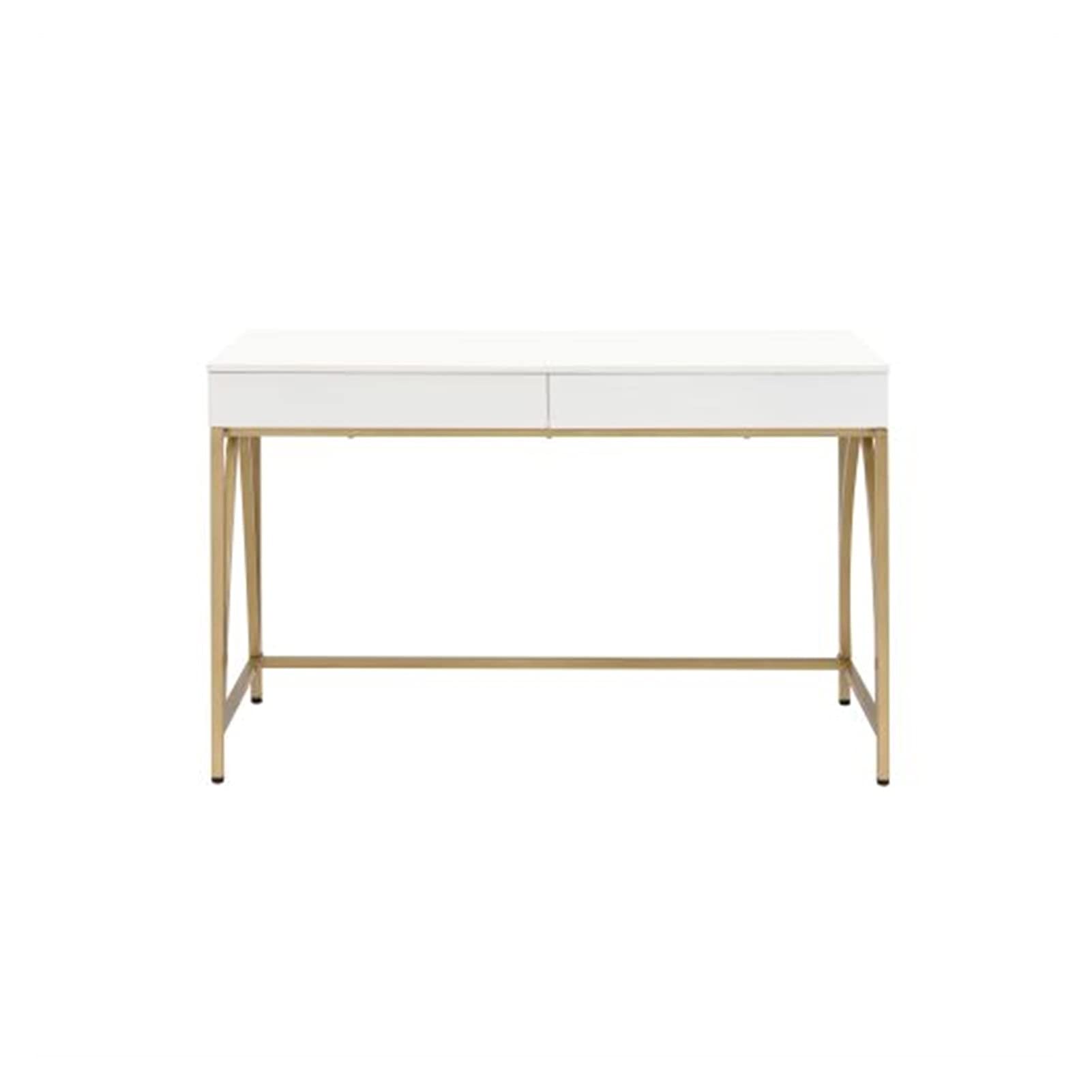 Modern White & Gold High Gloss Office Desk with Shelves - Home Computer Desk with Storage for Study, Work & Small Spaces - Perfect for Home Office, Dorm Room or Workspace Organization