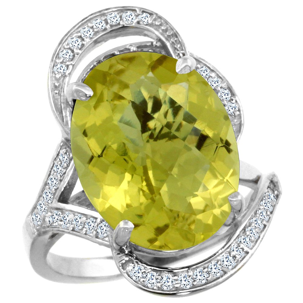 14K White Gold Natural Lemon Quartz Ring with Diamond Accent - 16x12mm Oval Cut - Sizes 5-10 - Perfect for Engagement, Anniversary & Special Occasion Gifts