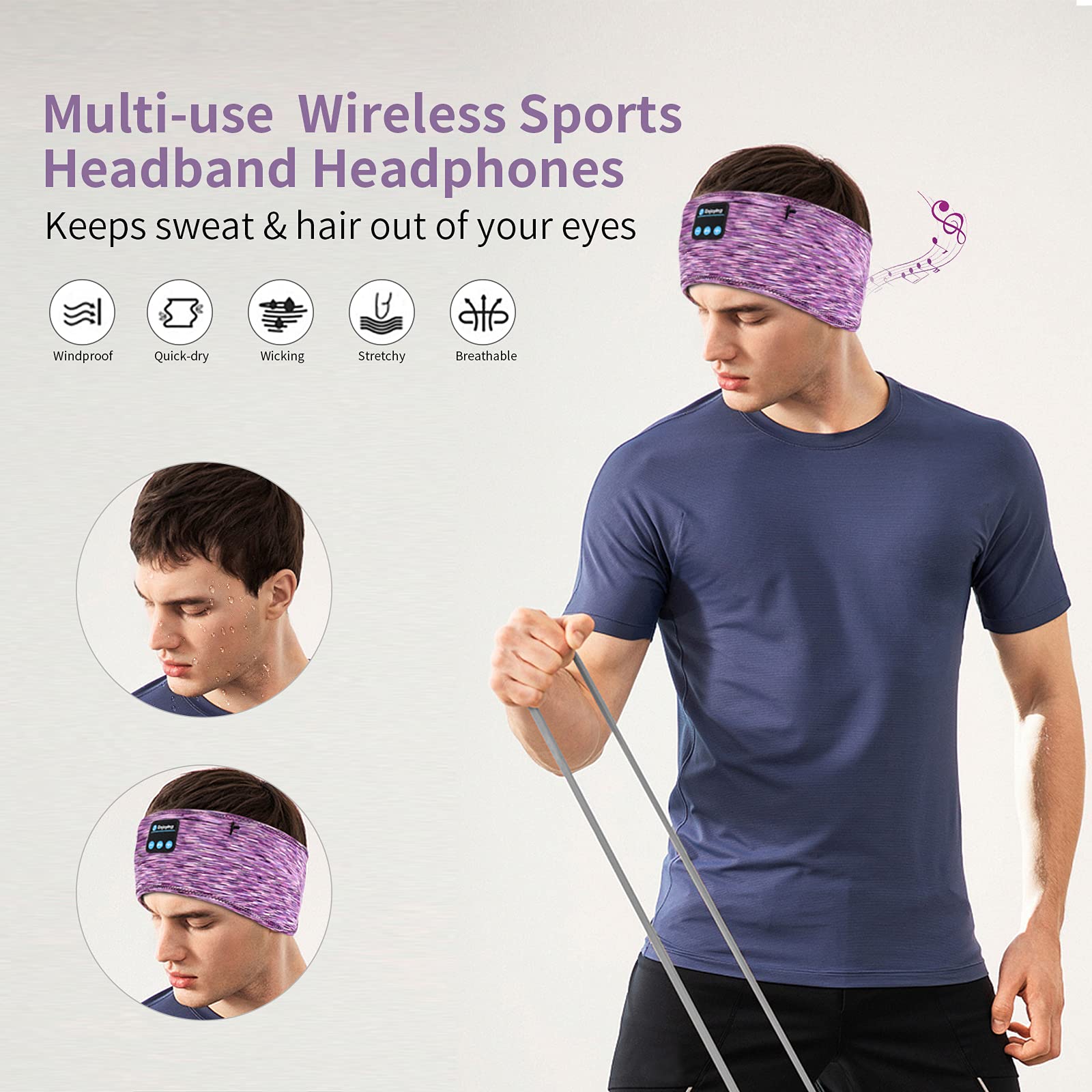 Wireless Sleep Headphones Headband with Zip Pocket - Ultra-Thin HD Stereo Speakers for Side Sleepers, Meditation, Yoga & Sports | Comfortable Bluetooth Music Headband for Night Use, Gym Workouts & Relaxation (Purple)
