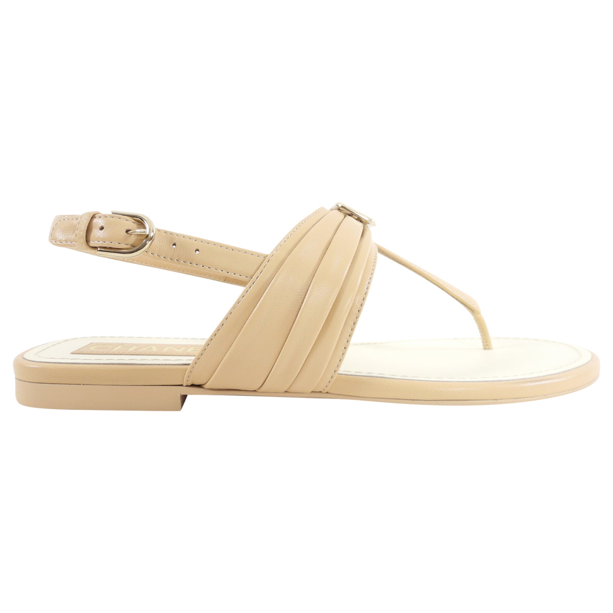 Chanel Beige Leather CC Logo Thong Sandals Size 37.5 - Luxury Designer Flip Flops for Women | Perfect for Beach, Poolside & Summer Vacations