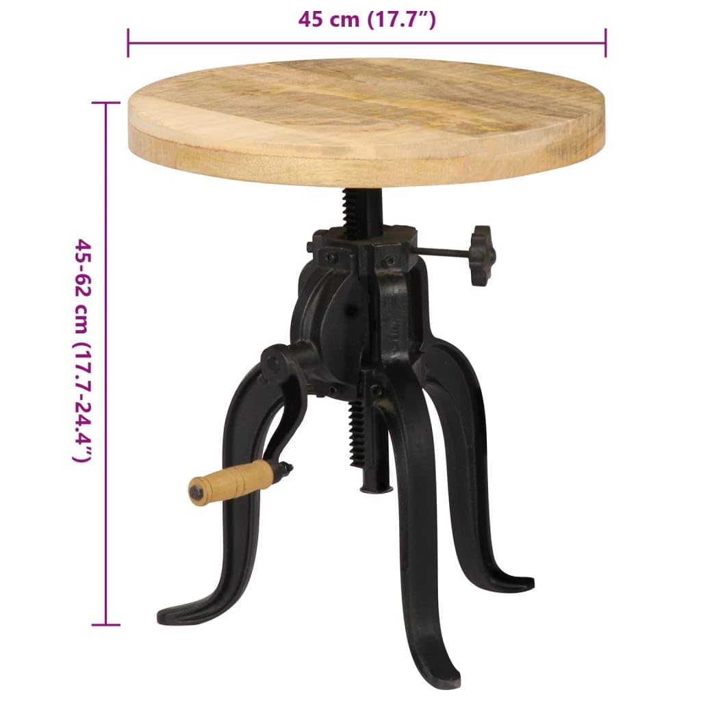 Adjustable Round Wooden Side Table with Cast Iron Legs - Industrial Style Coffee Table Made of Solid Mango Wood in Brown | Perfect for Living Room, Bedroom, or Office Use