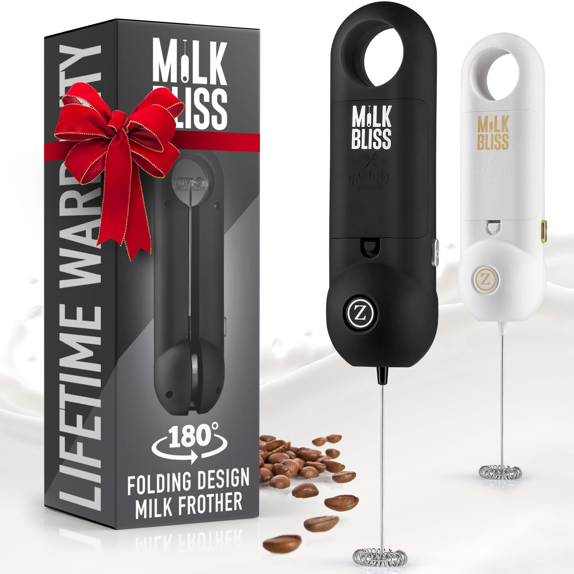 Zulay Mini Milk Frother Handheld - Portable Travel Coffee Frother & Mixer with 180-Degree Rotation - Compact Foldable Design for Easy Storage - Perfect for Lattes, Cappuccinos & Hot Chocolate at Home, Office or Travel (Black/Silver) - Coffee Accessories & Gifts