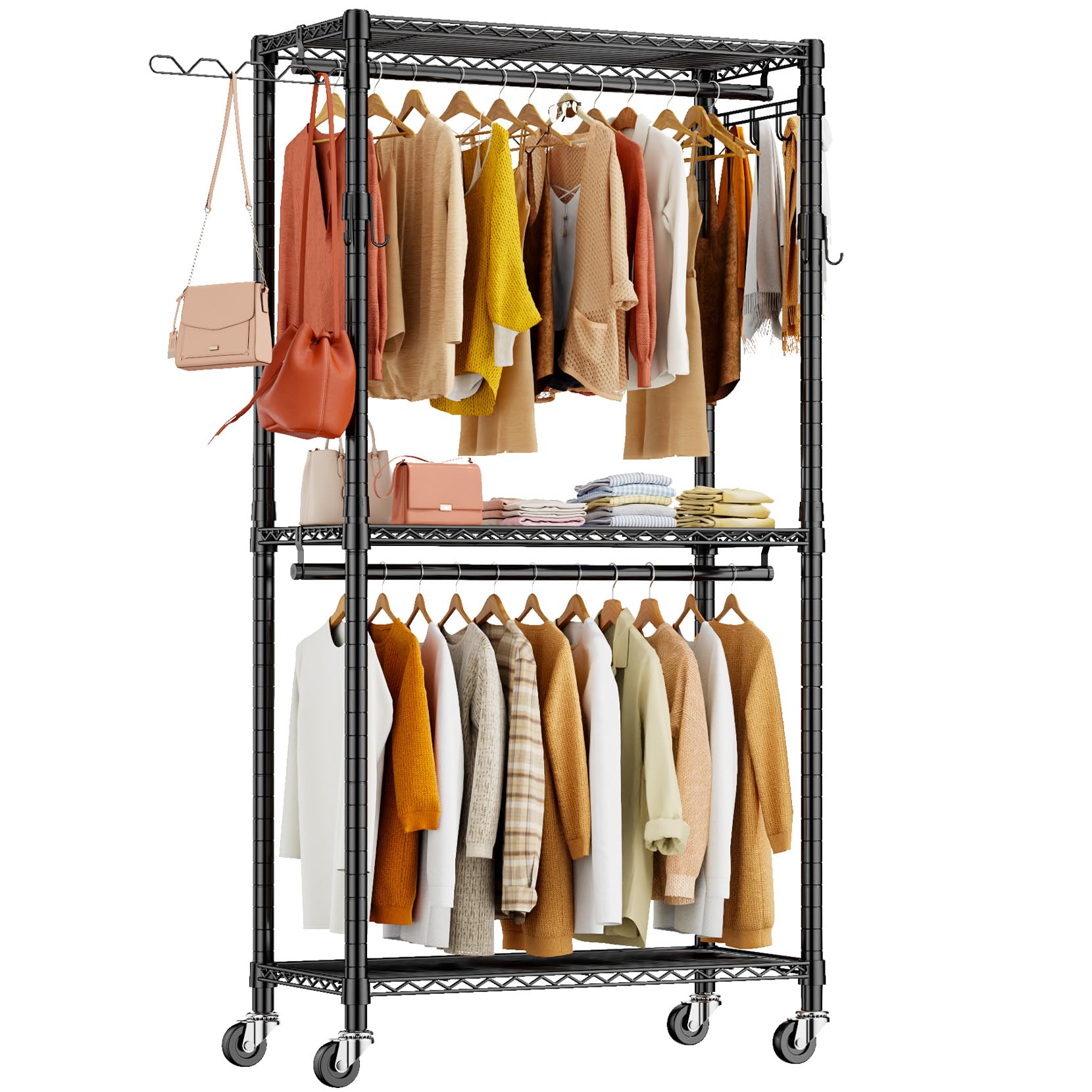 Heavy Duty Rolling Garment Rack with Shelves - 420 lbs Capacity Freestanding Clothes Hanger Organizer, Metal Wardrobe Closet Storage with Wheels (Black) - Perfect for Retail Stores, Boutiques & Home Closet Organization