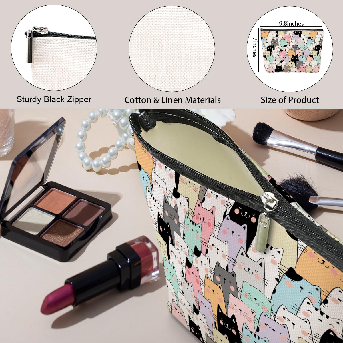 Stylish Kawaii Cat Makeup Bag - Cute Cat Lover Gift for Women & Girls - Perfect for Travel, Cosmetics & Toiletries - Great Christmas, Birthday Gift for Pet Owners, Daughters, Friends & Sisters
