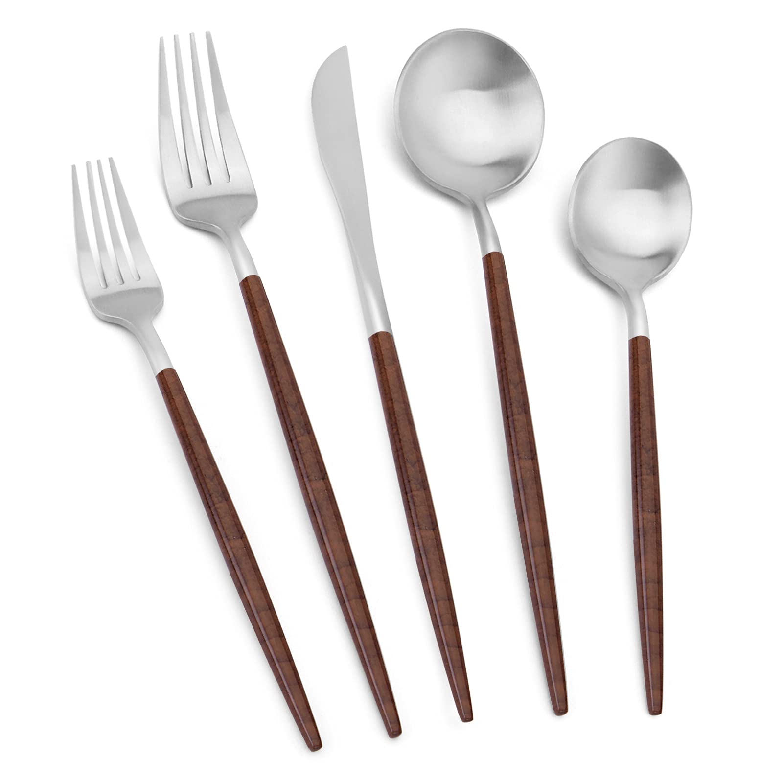 Premium Matte Silver 20-Piece Stainless Steel Cutlery Set with Brown Handles - Vanys Satin Finished Flatware for 4 - Includes Knives, Spoons & Forks - Perfect for Dinner Parties, Wedding Gifts & Upscale Dining