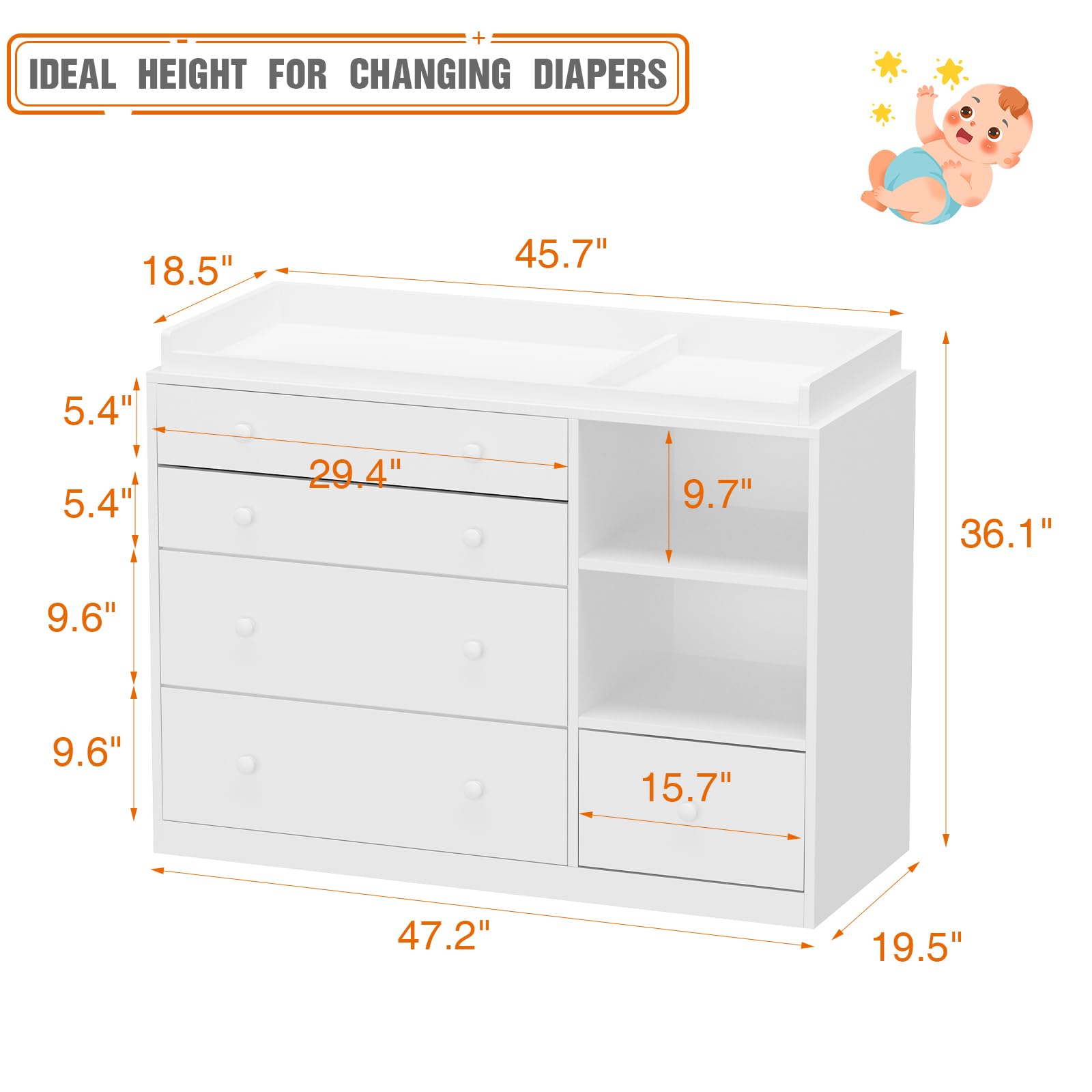 White 5-Drawer Baby Changing Table Dresser with 2 Shelves - Multi-Functional Nursery Dresser & Diaper Changing Station for Kids Room | Perfect for Baby Essentials Storage & Organized Nursery Decor