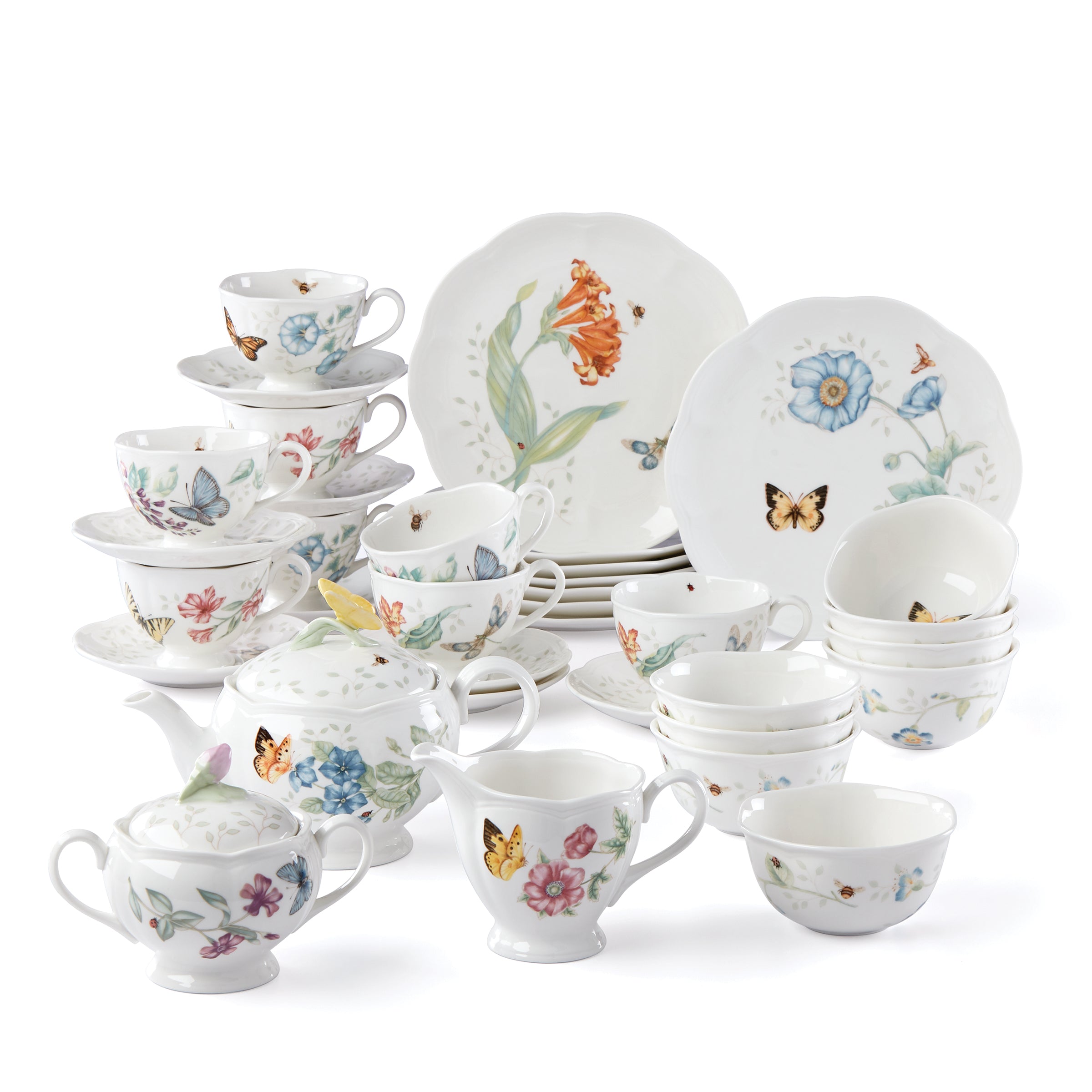 Butterfly Meadow 37-Piece Porcelain Dessert & Tea Set for Afternoon Tea Party, Bridal Shower, and Garden Gathering - Elegant Floral Design with Cups, Saucers, and Plates