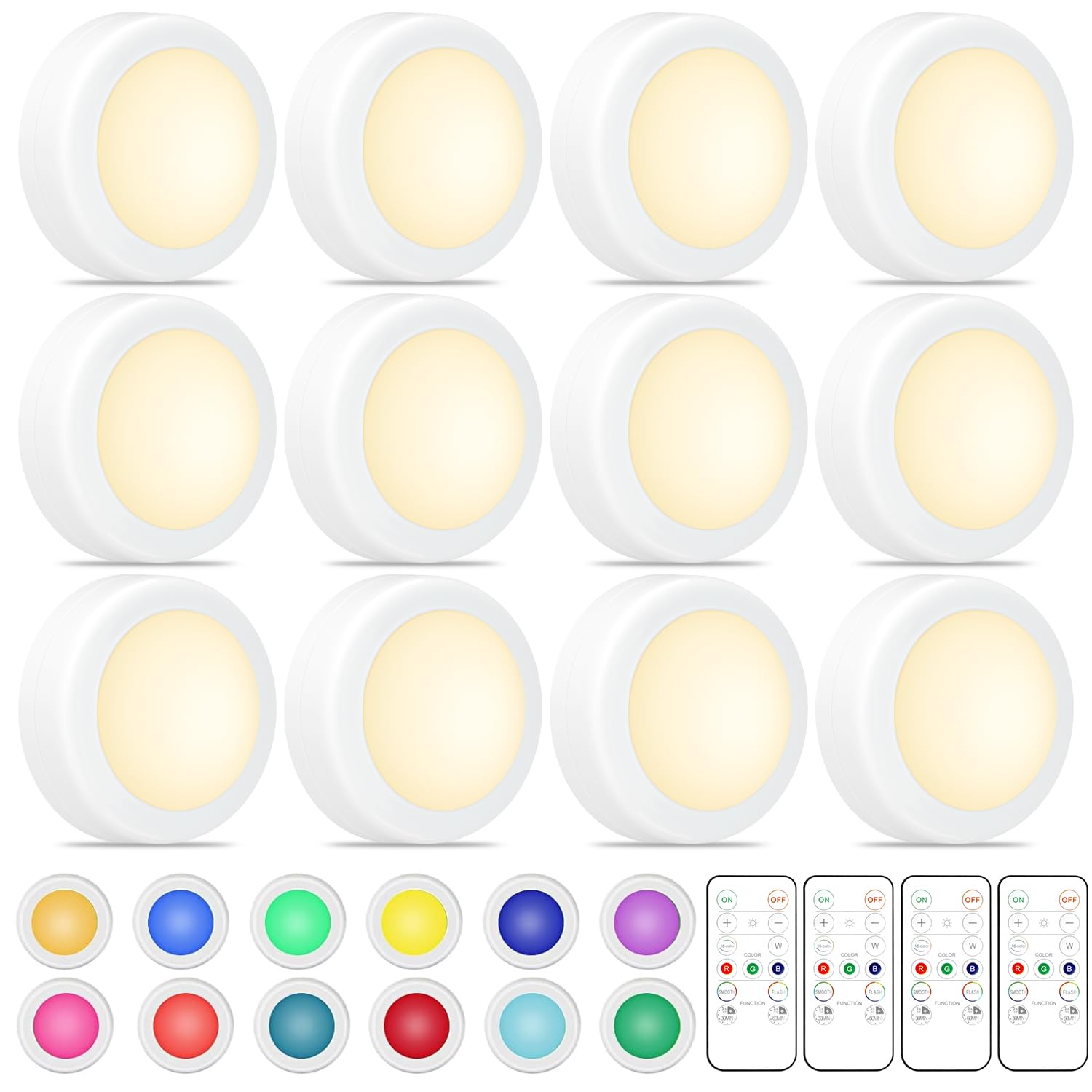 16 Color Changing Puck Lights with Remote Control - Wireless LED Under Cabinet Lights, Battery Operated with Dimmer & Timer - Perfect for Closet Lighting, Bedroom Accent, Kitchen Counter (12 Pack)