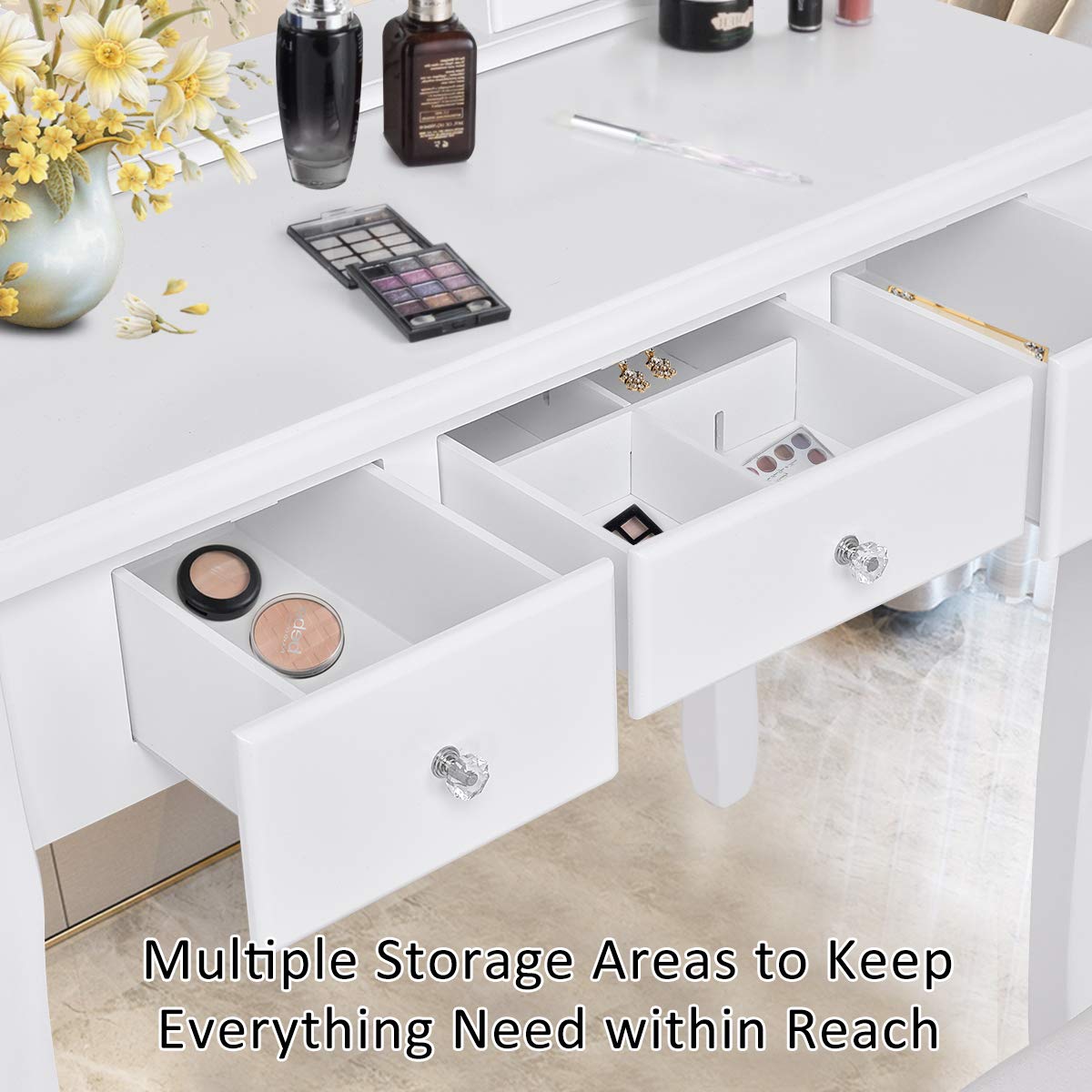 Giantex White Vanity Set with Oval Mirror & Cushioned Stool - 5-Drawer Makeup Dressing Table with Large Storage, Mirrored Bedroom Vanity for Women, Girls & Kids - Easy Assembly for Home, Bedroom & Beauty Room Decor