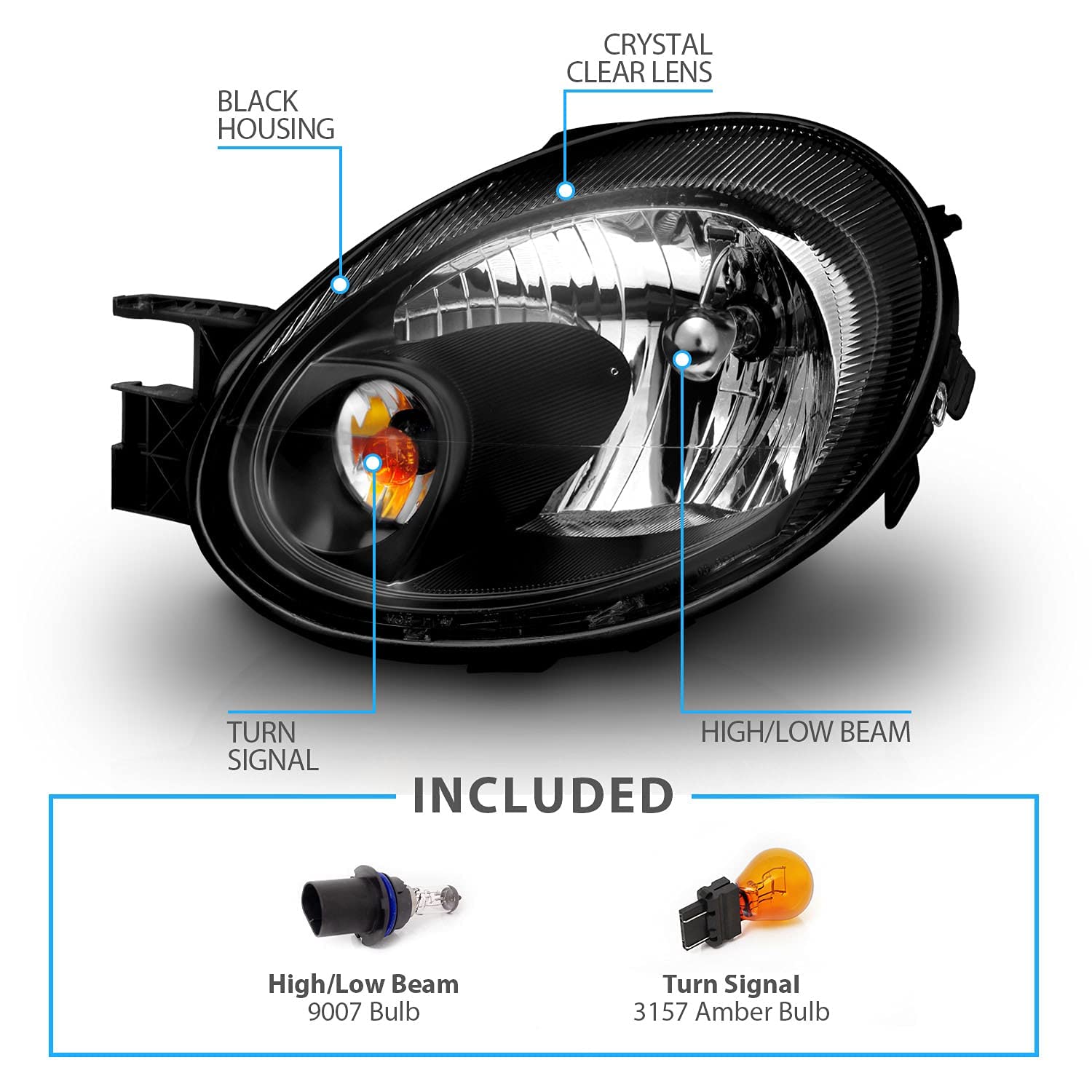 03-05 Dodge Neon Black Replacement Headlights Set - Left & Right Side Headlamps for Improved Night Driving Safety