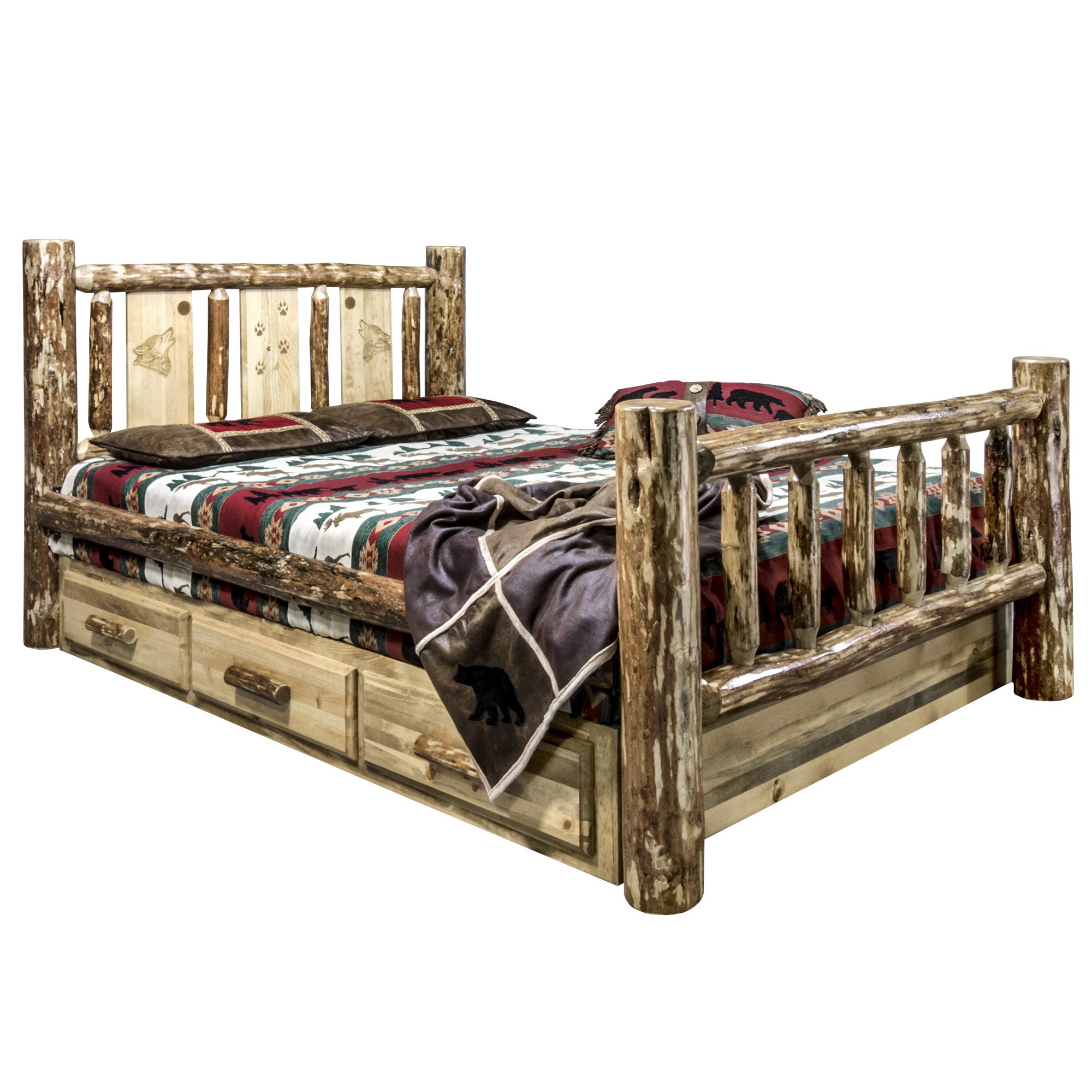Montana Woodworks King Size Storage Bed with Laser Engraved Wolf Design - Glacier Country Collection - Perfect for Rustic Cabin, Lodge & Wilderness Retreat Bedrooms