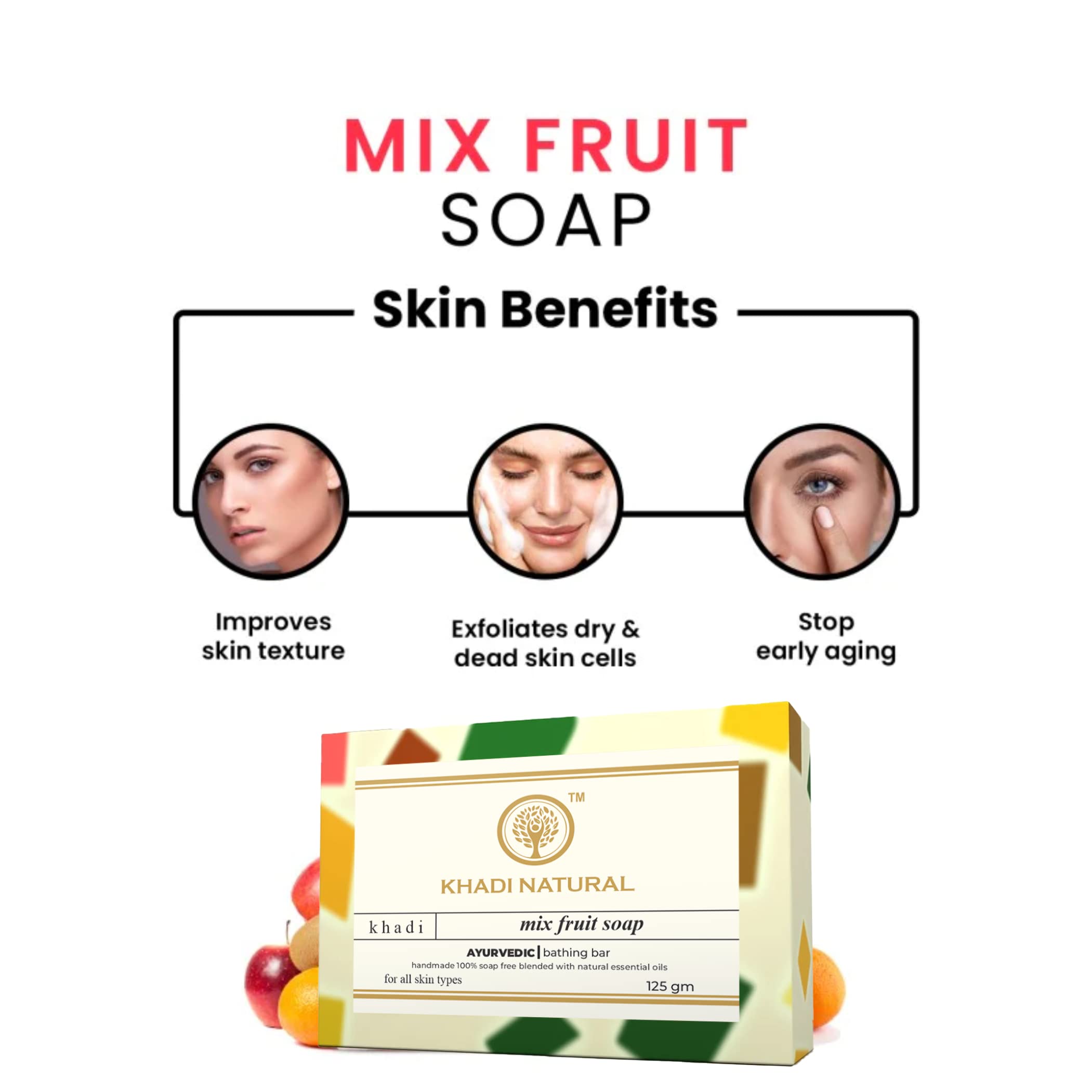 Khadi Natural Mix Fruit Soap 125g (Pack of 4) - Organic, Handmade, Vegan Skincare for Dry & Sensitive Skin - Perfect for Daily Face & Body Cleansing