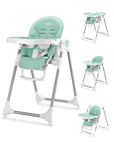 HEAO Adjustable Baby High Chair - 7 Height & 5 Seat Positions for Infants & Toddlers - Detachable Trays, Cushion & 4 Lockable Wheels (Green) - Perfect for Dining, Feeding & Playtime at Home