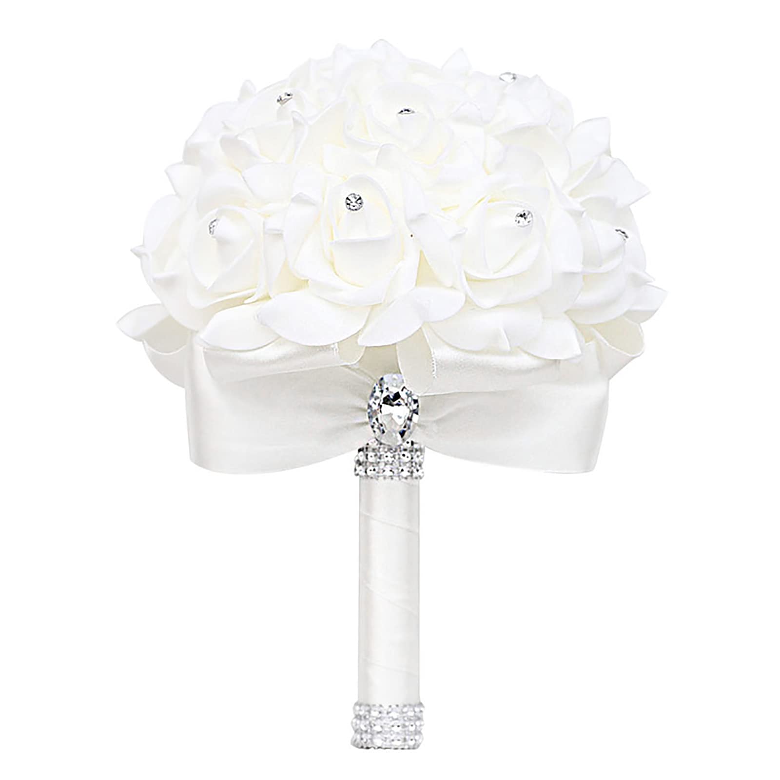 Artificial White Foam Rose Bridal Bouquet with Diamond Satin Ribbon Handle - Elegant Wedding, Engagement & Party Flowers for Brides, Bridesmaids & Decor