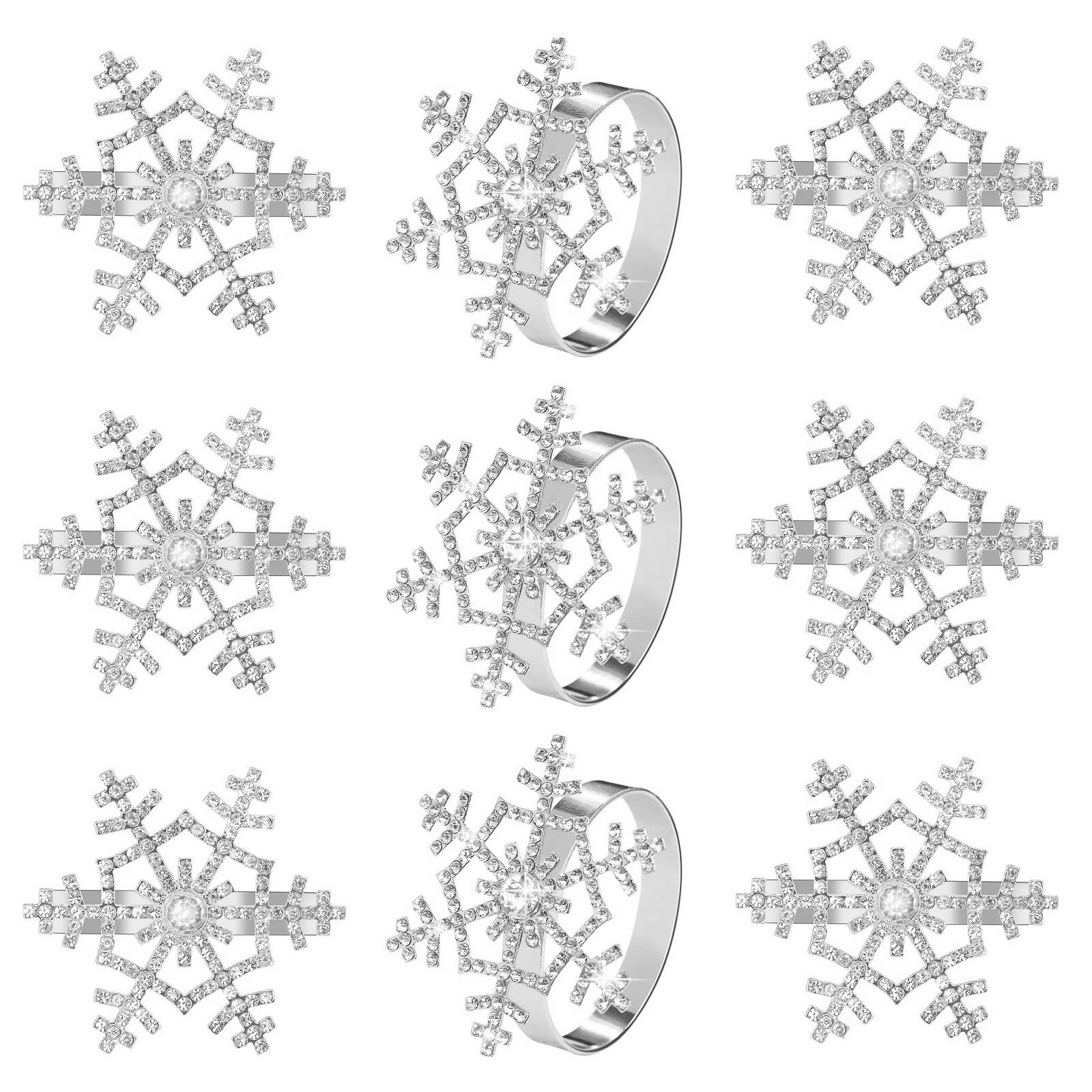 LABJULY Set of 6 Silver Snowflake Beaded Napkin Rings with Diamante Rhinestone Crystal - Elegant Christmas Holiday Wedding Table Decor for Dinner Parties & Special Occasions