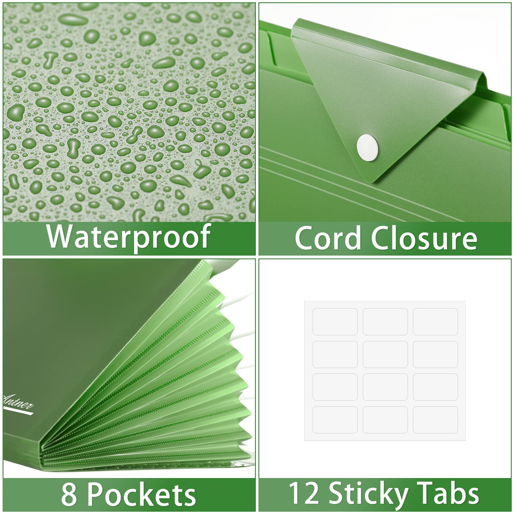 Antner 8-Pocket Expanding File Folder with 12 Sticky Labels - Letter Size Accordion Organizer with Snap Closure - A4 Document Holder for Home, School & Office - Green - Perfect for Organizing Bills, Receipts, and Important Papers
