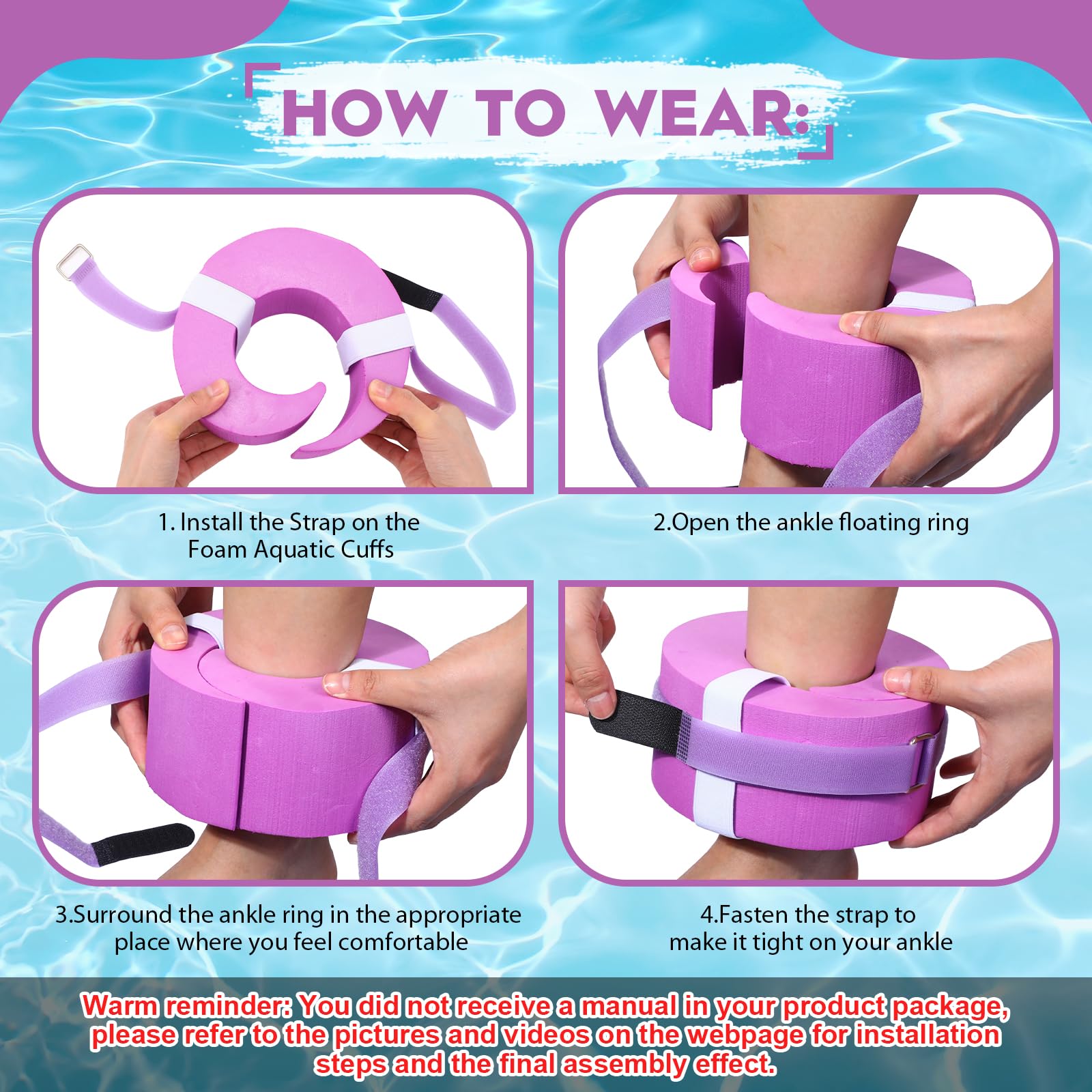 2 Pcs Foam Swim Aquatic Cuffs - Water Aerobics Float Rings with Detachable Hook & Loop Fastener - Swimming Fitness Training Equipment for Pool Workouts & Exercise - Perfect for Water Aerobics, Swim Training, and Aquatic Therapy