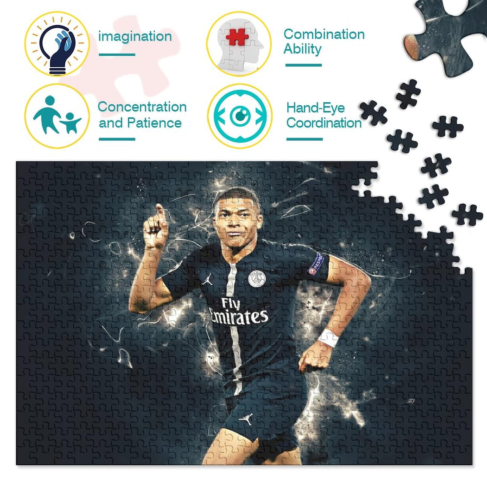 1000 Piece Football Puzzle for Adults & Teens - Kylian Mbappé Wooden Art Jigsaw DIY Game (52x38cm) - Perfect Gift for Family & Friends, Fun Home Activity, Sports Decor, Brain Teaser Challenge