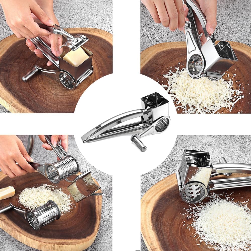 Premium Stainless Steel Rotary Cheese Grater - Hand Crank Kitchen Tool for Shredding Hard Cheese, Chocolate, Vegetables & Nuts | Perfect for Pizza Topping, Baking & Meal Prep