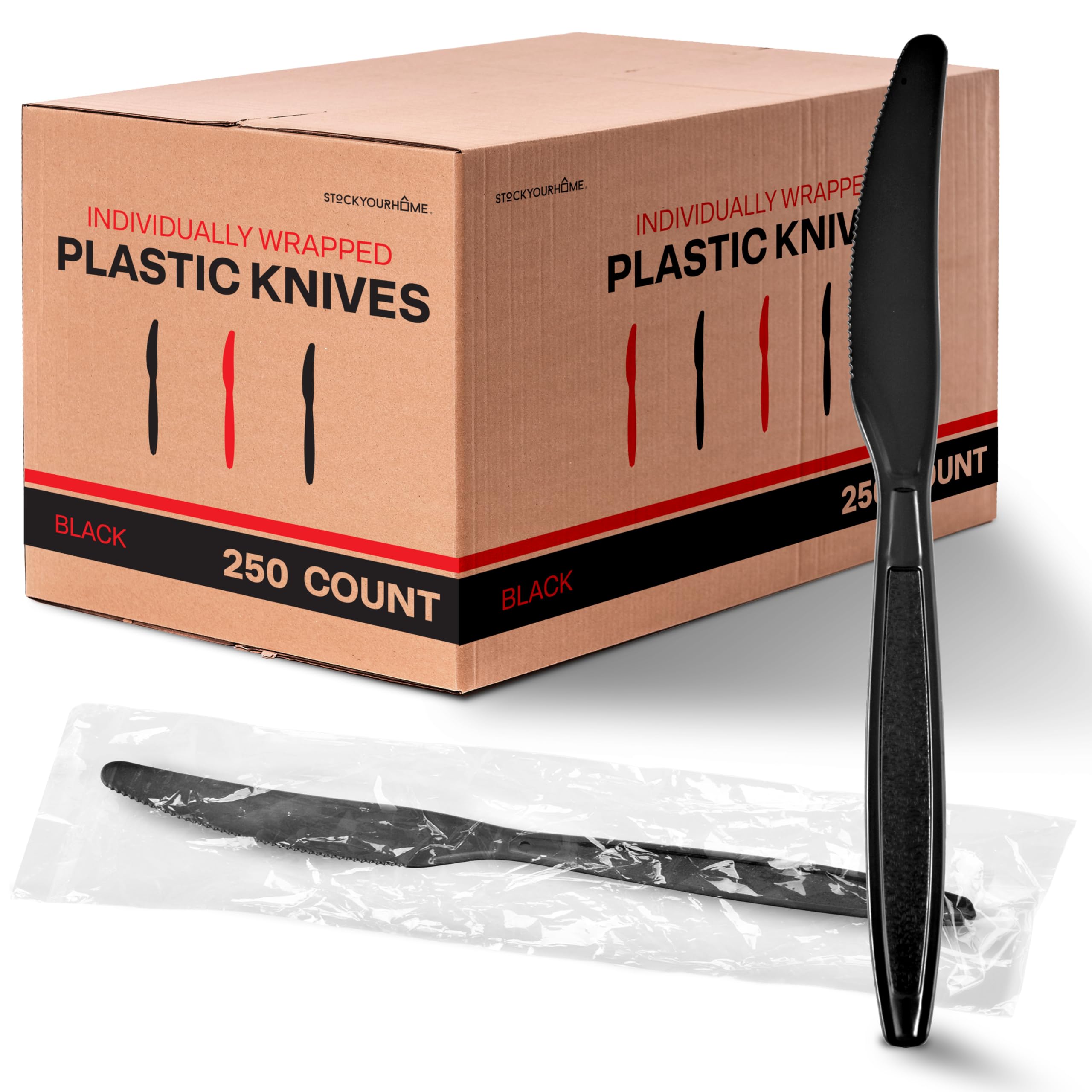 Stock Your Home Individually Wrapped Plastic Knives - 250 Count Heavyweight Disposable Cutlery Bulk Pack for Parties, Picnics, Catering & Events | Durable Plastic Utensils for Restaurants, BBQs & Office Use