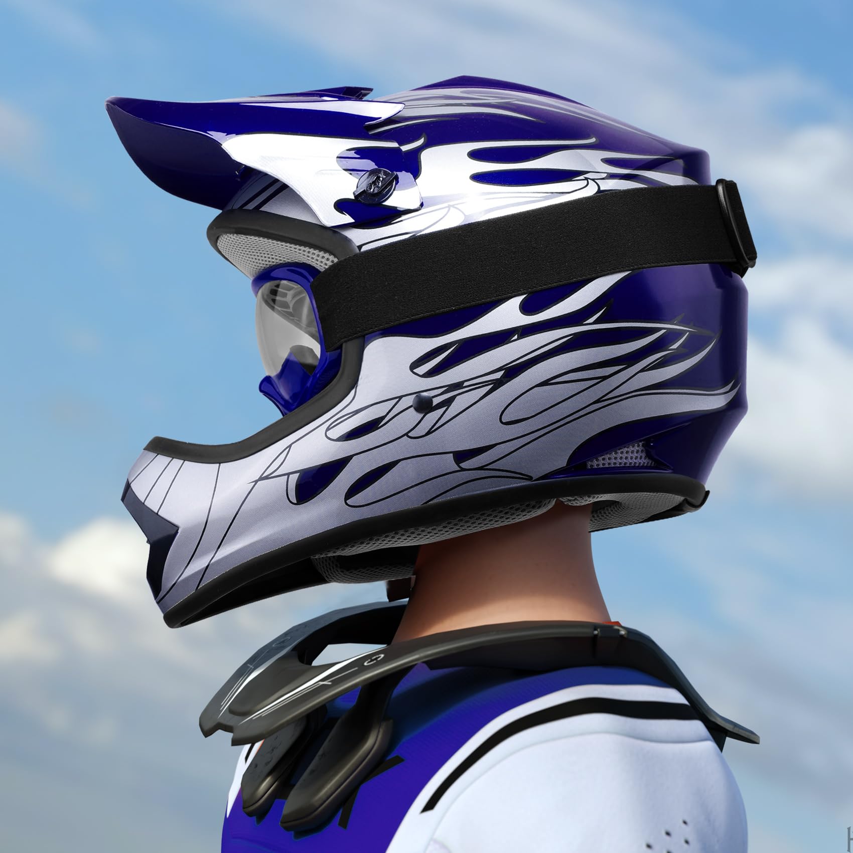 SLMOTO Youth ATV Helmet Blue Flame - DOT Certified Motocross & Offroad Motorcycle Helmet for Kids - Dirt Bike, ATV, Street Riding - Includes Goggles & Gloves (Large) - Perfect for Trail Riding, Motocross Racing & Outdoor Adventures