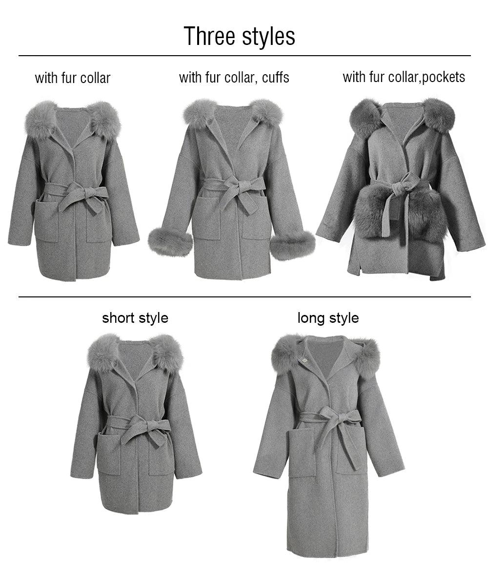 Luxury Women's Winter Coat with Real Fox Fur Hood & Cuffs - 100% Natural Fur, Cashmere Wool Blend, Oversized Loose Fit Jacket for Cold Weather - Perfect for Snowy Days, Outdoor Activities & Fashionable Winter Outfits