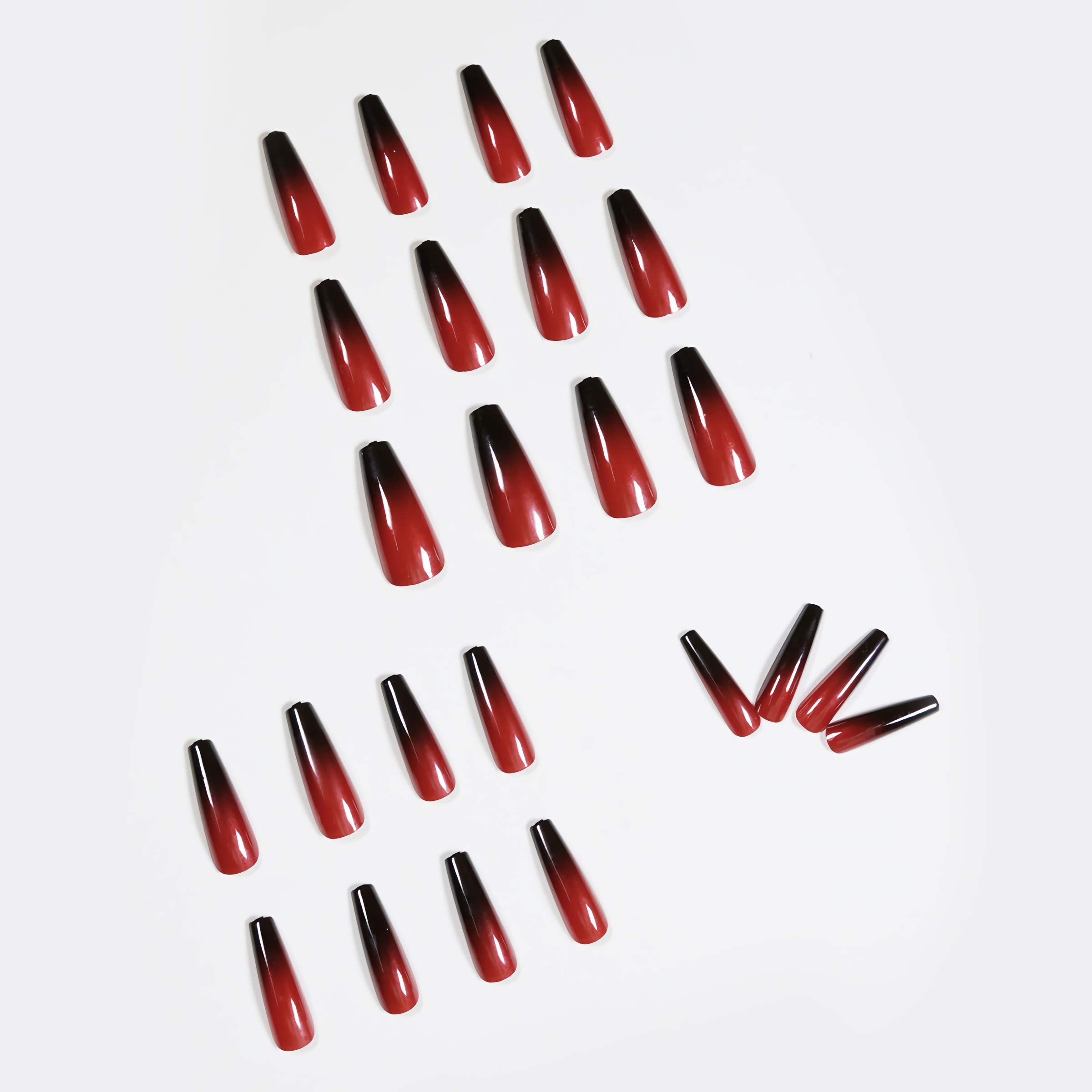 MISUD Long Coffin Press on Nails - 24pcs Ballet Ballerina Fake Nails with Glossy Finish, Goth Black Red Ombre Acrylic Nails for Women & Girls DIY | Vintage Nail Art Design for Parties, Halloween & Special Occasions