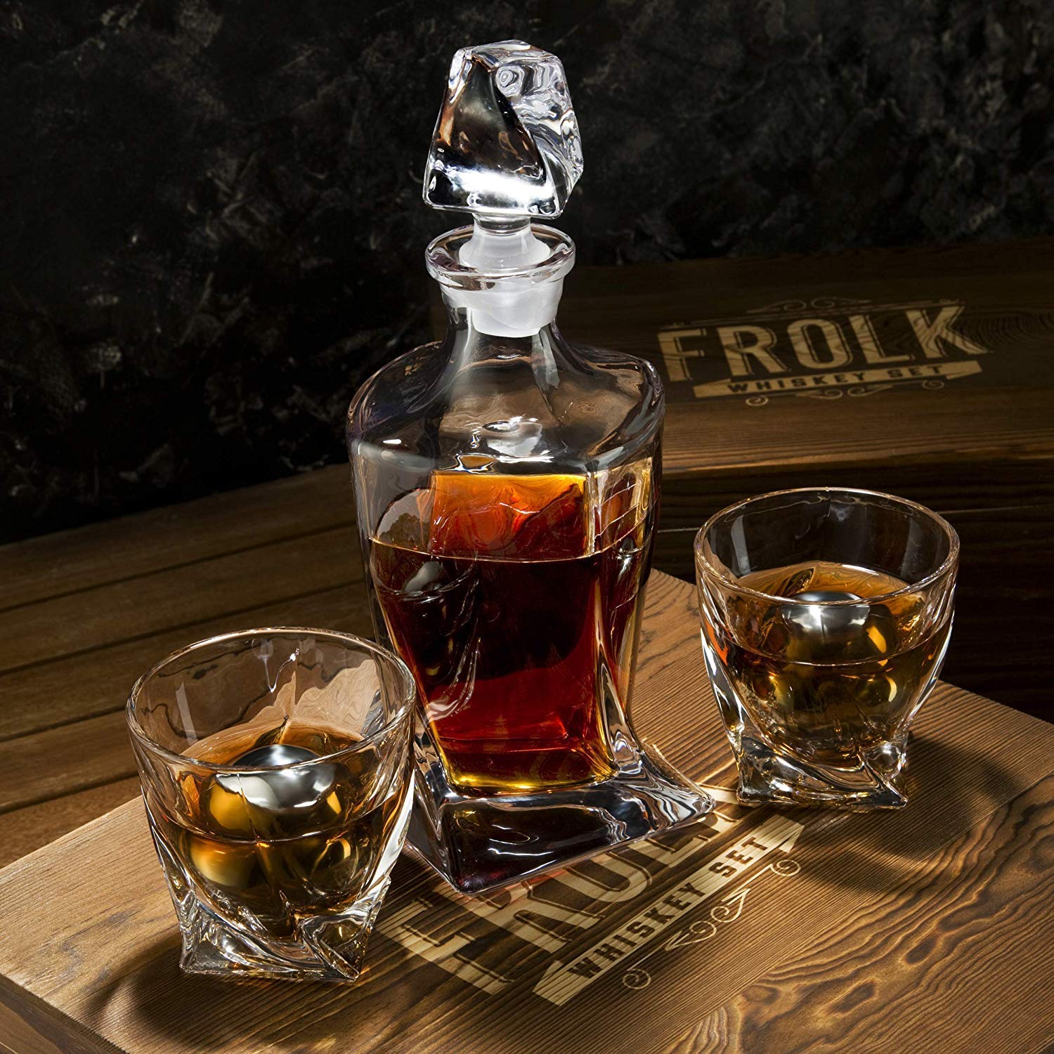 Premium Whiskey Decanter Set for Men - Elegant Twisted Bourbon Decanter with 2 Whiskey Glasses, 2 XL Stainless Steel Ice Balls, 2 Slate Coasters, Tongs & Freezer Pouch in Pinewood Gift Box - Perfect for Home Bars, Gifts & Whiskey Enthusiasts