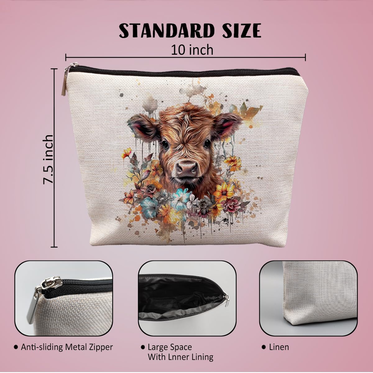 Highland Cow Makeup Bag for Women - Cute Scottish Cow Cosmetic Pouch, Perfect Gift for Cow Lovers - Great for Travel, Gym & Everyday Use