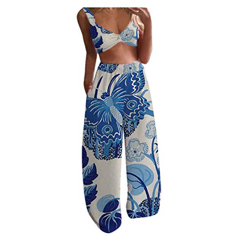Bohemian Summer Outfits for Women - Butterfly Print Crop Top & Long Pants 2-Piece Set | Beach Vacation, Music Festival & Casual Wear