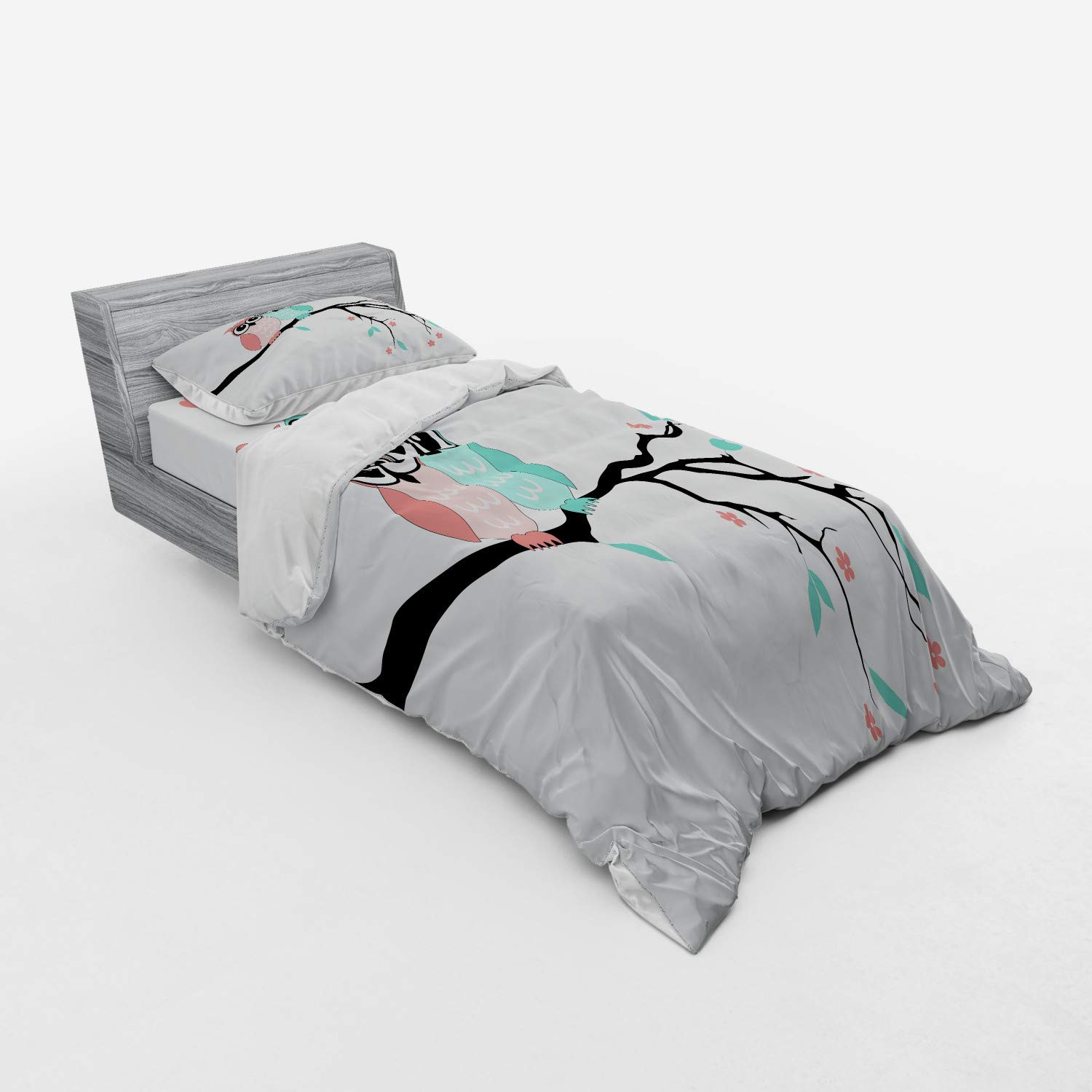 Ambesonne 3-Piece Teal and White Owl Couple Bedding Set - Twin XL Duvet Cover with Sham & Fitted Sheet, Valentine's Romance Theme, Turquoise Coral Black Design - Perfect for Couples' Bedrooms & Romantic Gift Ideas