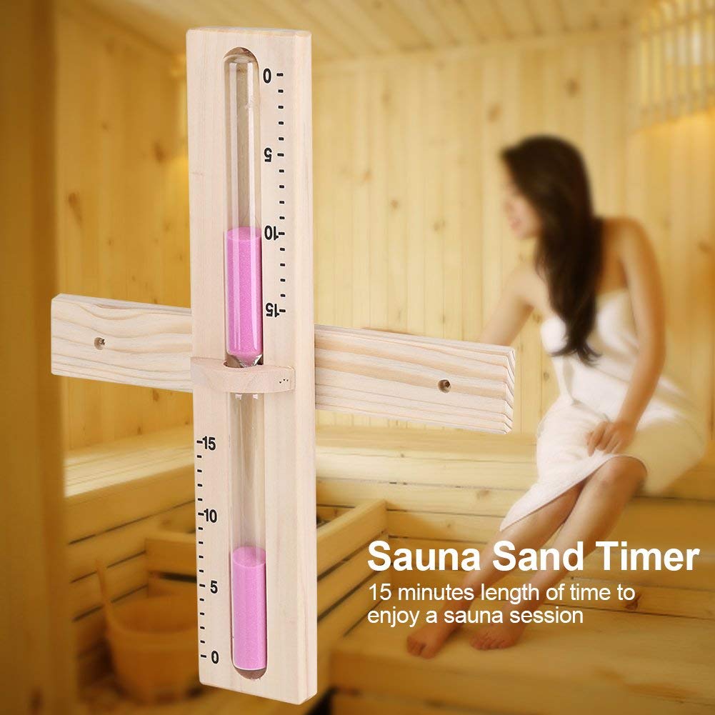 15 Minute Wooden Sauna Sand Timer - Heat Resistant Rotating Hourglass for Steam Room & Spa - Wall Mounted Glass Sand Clock with Natural Sands - Perfect for Sauna Timing, Yoga Studio, Meditation Room & Home Decor