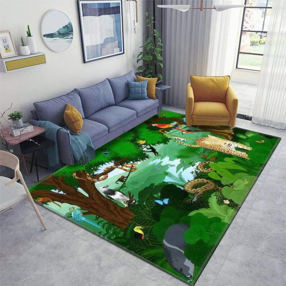 Non-Slip Rainforest Animal Print Area Rug - Green Tropical Thickened Runner Mat for Living Room, Entryway, Indoor & Outdoor Use - Perfect for Home Decor, Doormat, and Floor Carpet