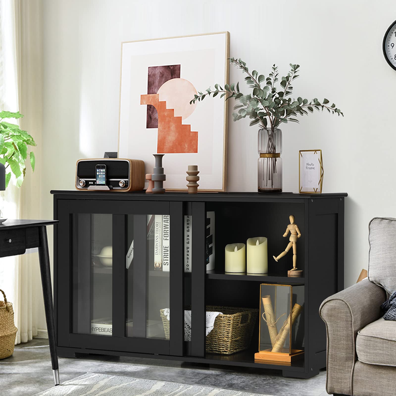 Stackable Sideboard Buffet Cabinet with Adjustable Shelves & Glass Sliding Doors - Wooden Storage Credenza for Kitchen, Dining Room, Living Room & Entryway - Perfect for Coffee Bar Setup, Home Organization & Stylish Storage (Black)