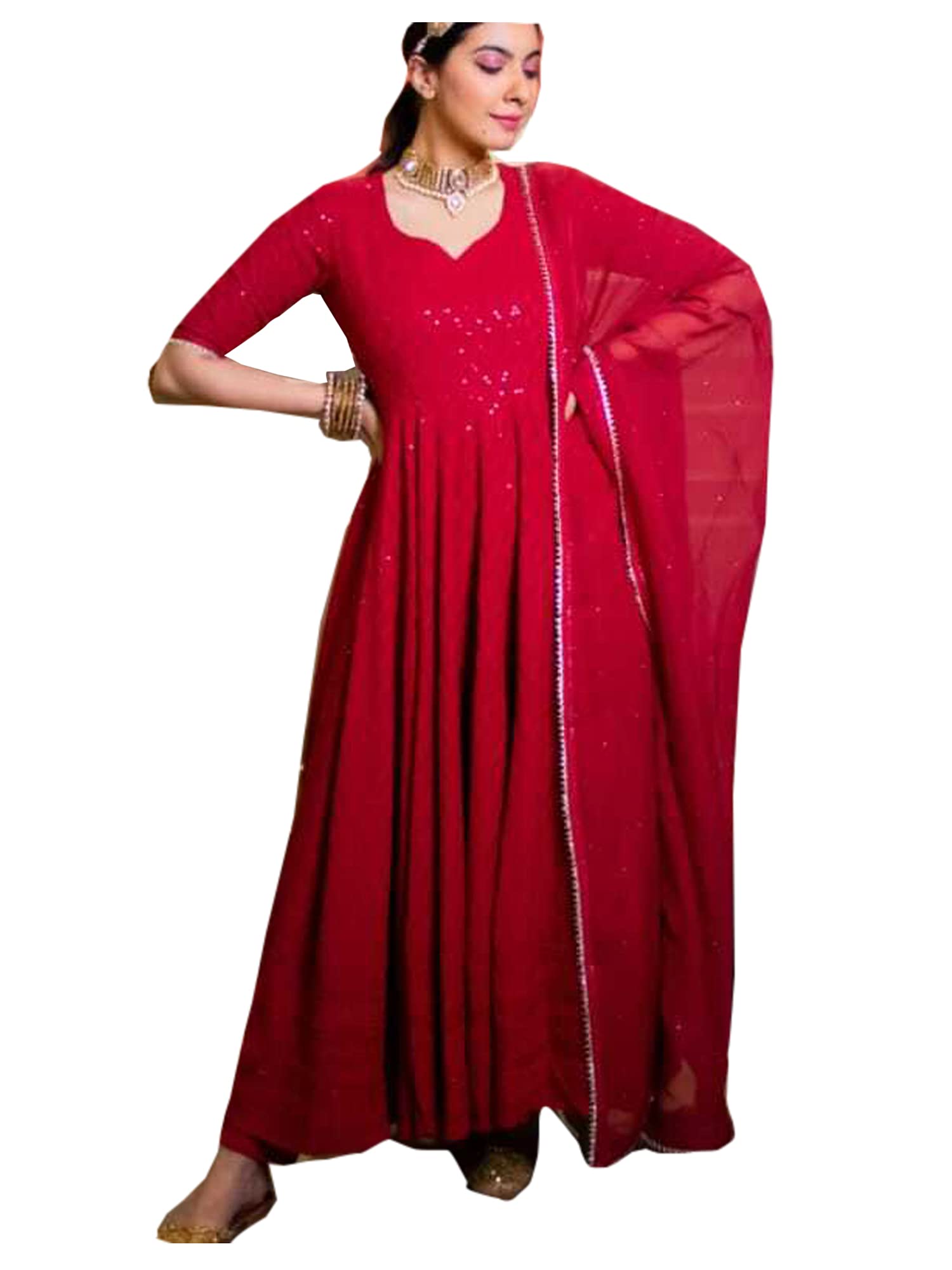 Elegant Pink Indian Anarkali Kurti Dress for Women - Cotton Rayon Blend with Sequins & Chicken Work Embroidery - Perfect for Cocktail Parties, Weddings & Festive Occasions