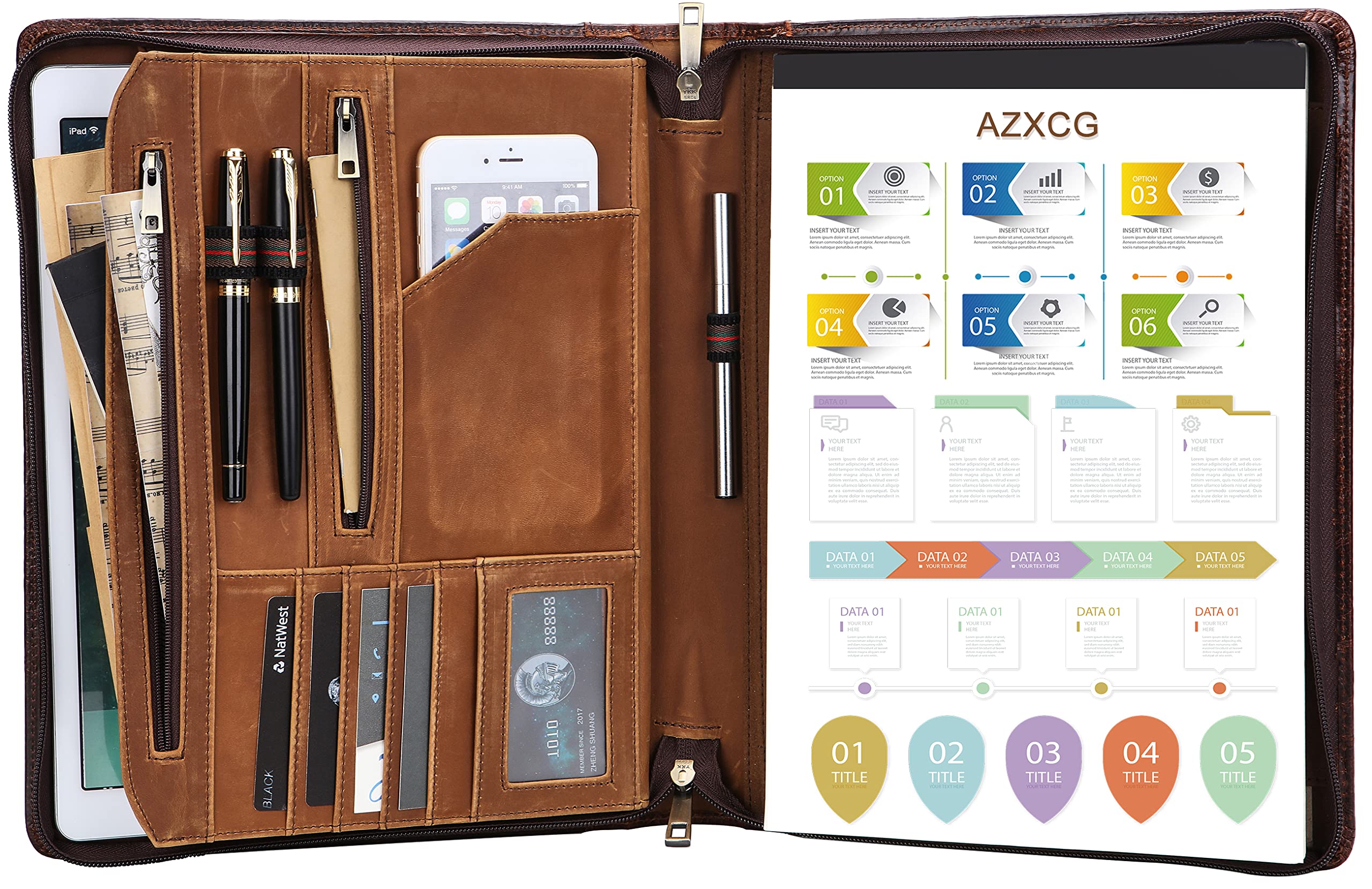 Premium Leather Planner for Men & Women - Business Organizer Notebook with A4 Notepad Holder & Zippered Portfolio - Professional Padfolio Folder for Resume, Documents - Ideal Office Gift & Executive Work Accessory (Brown) - Perfect for Business Meetings, Job Interviews & Daily Organization