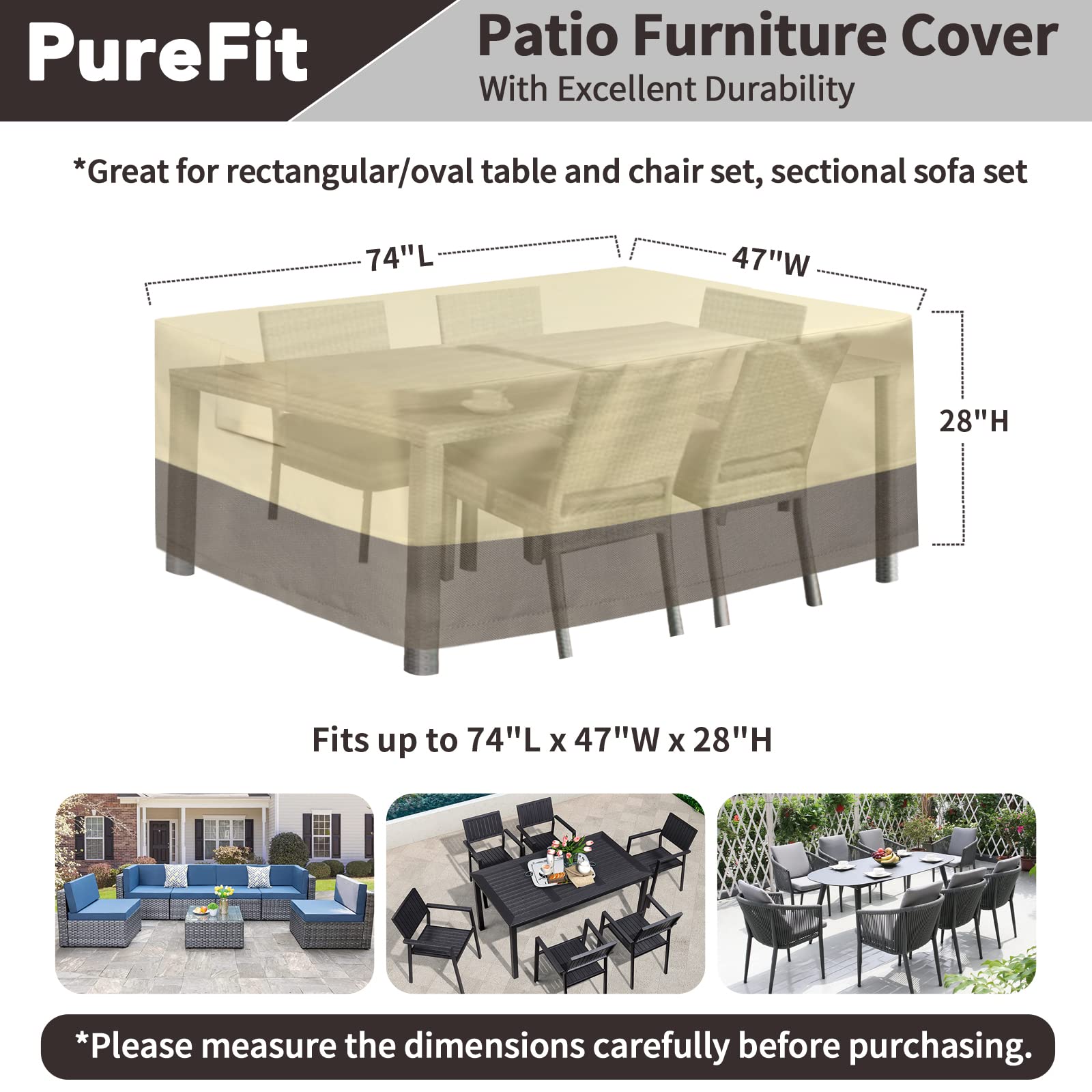 PureFit Waterproof 650D Outdoor Patio Furniture Cover - Rectangle Table Cover 74