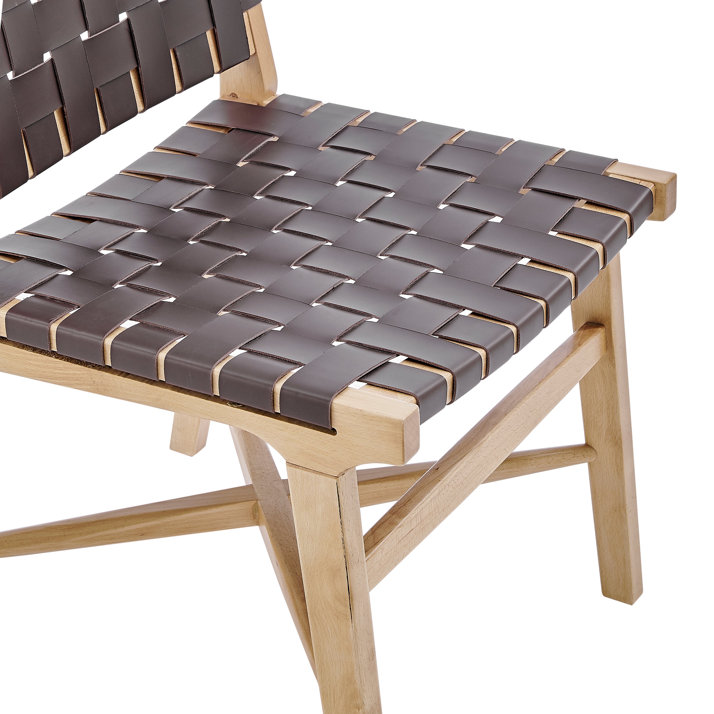 Evangeline Side Chair - Natural Beech Wood Frame with Brown Woven Regenerated Leather Seat & Back - Perfect for Dining Room, Kitchen, or Office Decor