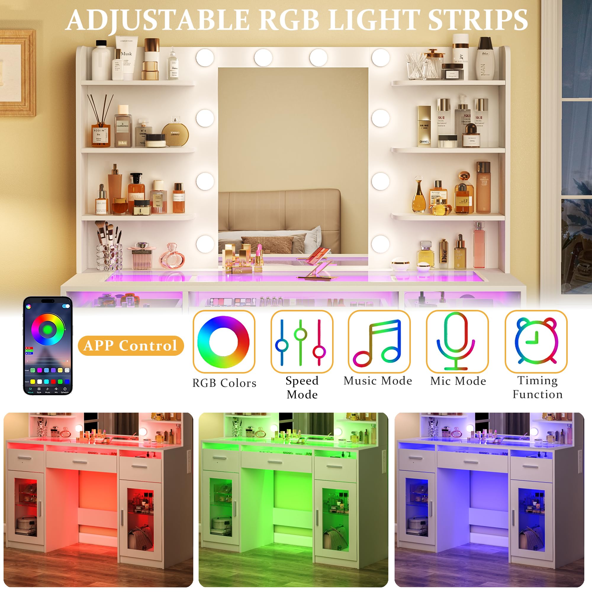 HUAHUUU Vanity Desk with Mirror & LED Lights - White Makeup Dressing Table, 3-Color RGB Drawers, Transparent Top, 6 Shelves, 2 Tempered Glass Cabinets, Built-in Power Outlet - Perfect for Bedroom, Dorm Room & Beauty Salon Makeup Station