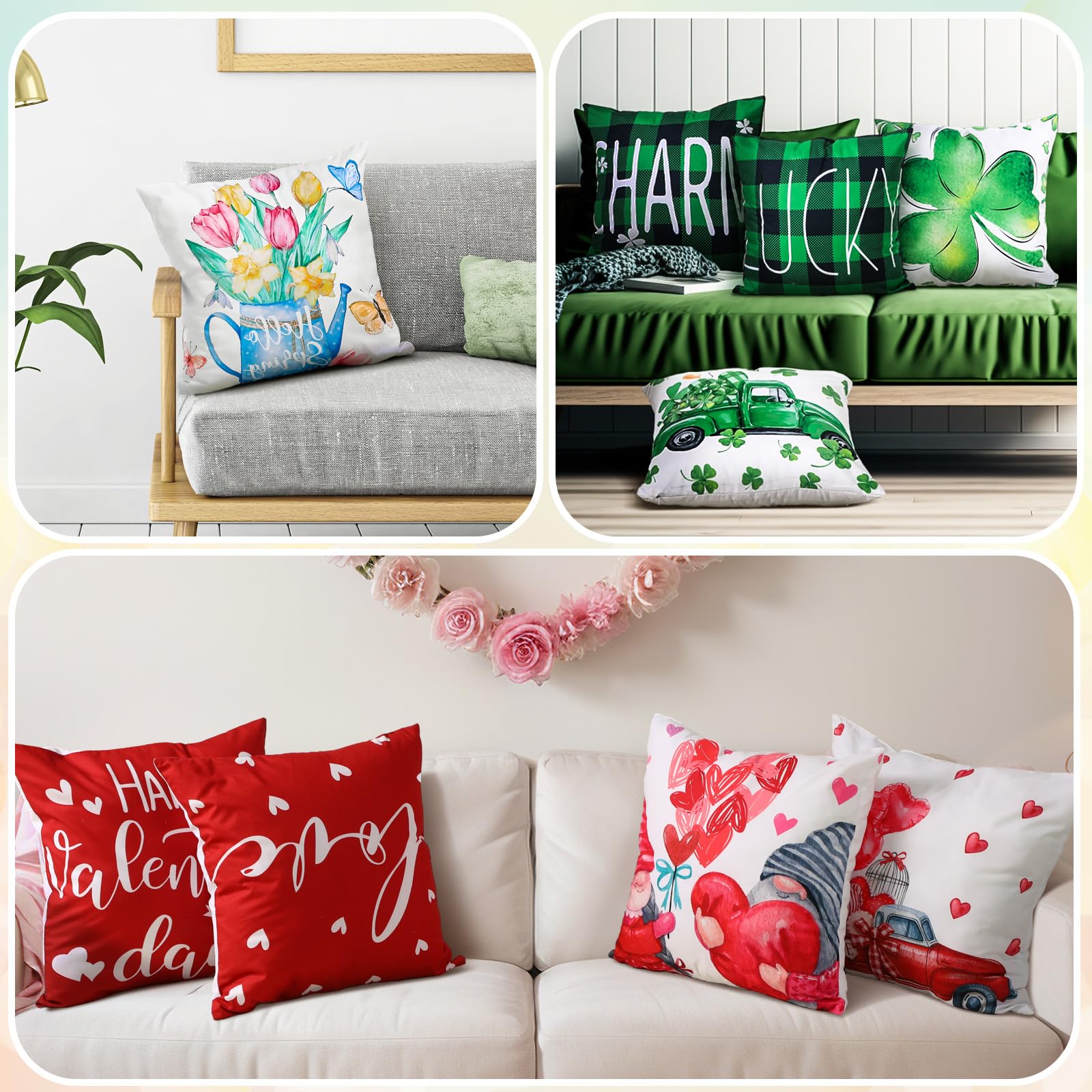 12 Pack St. Patrick's Day Shamrock Pillow Covers 18x18 Inch - Floral Heart & Lucky Clover Decorative Cushion Cases for Sofa, Bed, Home - Perfect for Spring, Valentine's & Holiday Decorations (St. Paddy's, Easter, Housewarming Gifts)