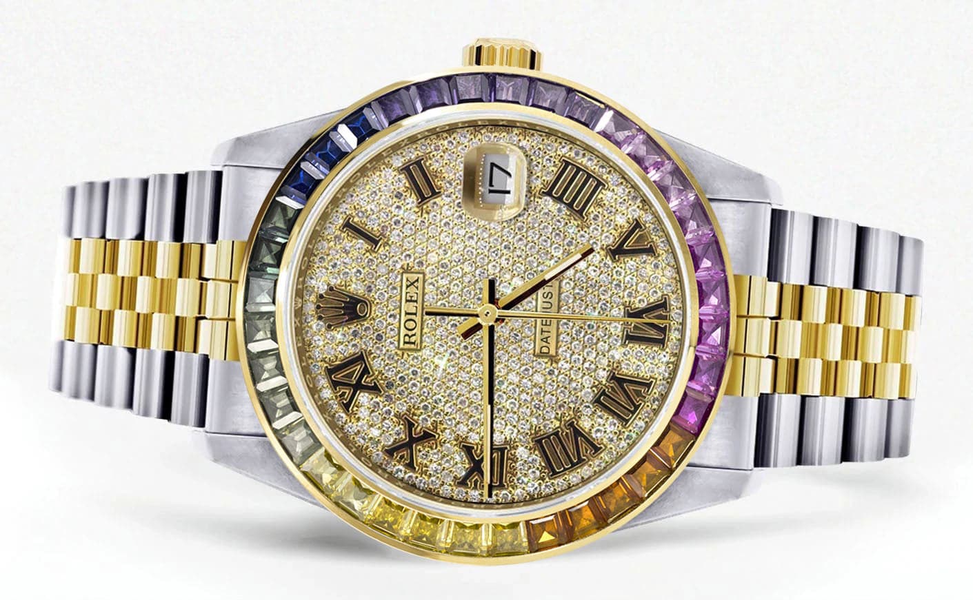 Luxury Diamond Gold Rolex Watch For Men 16233 | 36mm Stainless Steel | Rainbow Sapphire Bezel | Full Diamond Roman Numeral Dial | Jubilee Bracelet | Perfect for Gifts, Weddings & Special Occasions