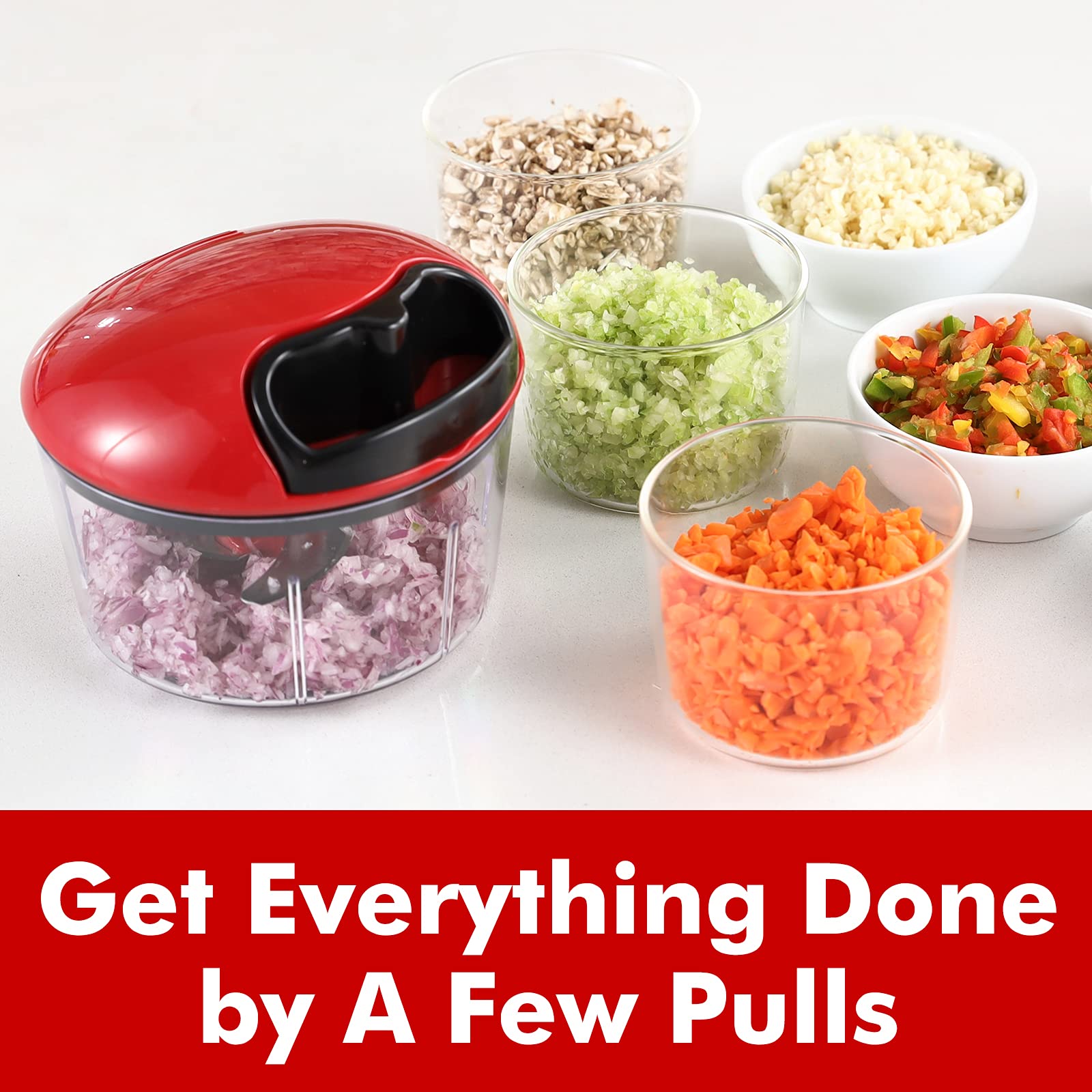 Manual Food Chopper for Onion Garlic Vegetable Fruit Salad - Easy to Clean 2.5 Cup Hand Nut Cutter (Red) - Perfect for Meal Prep, Cooking, and Kitchen Use
