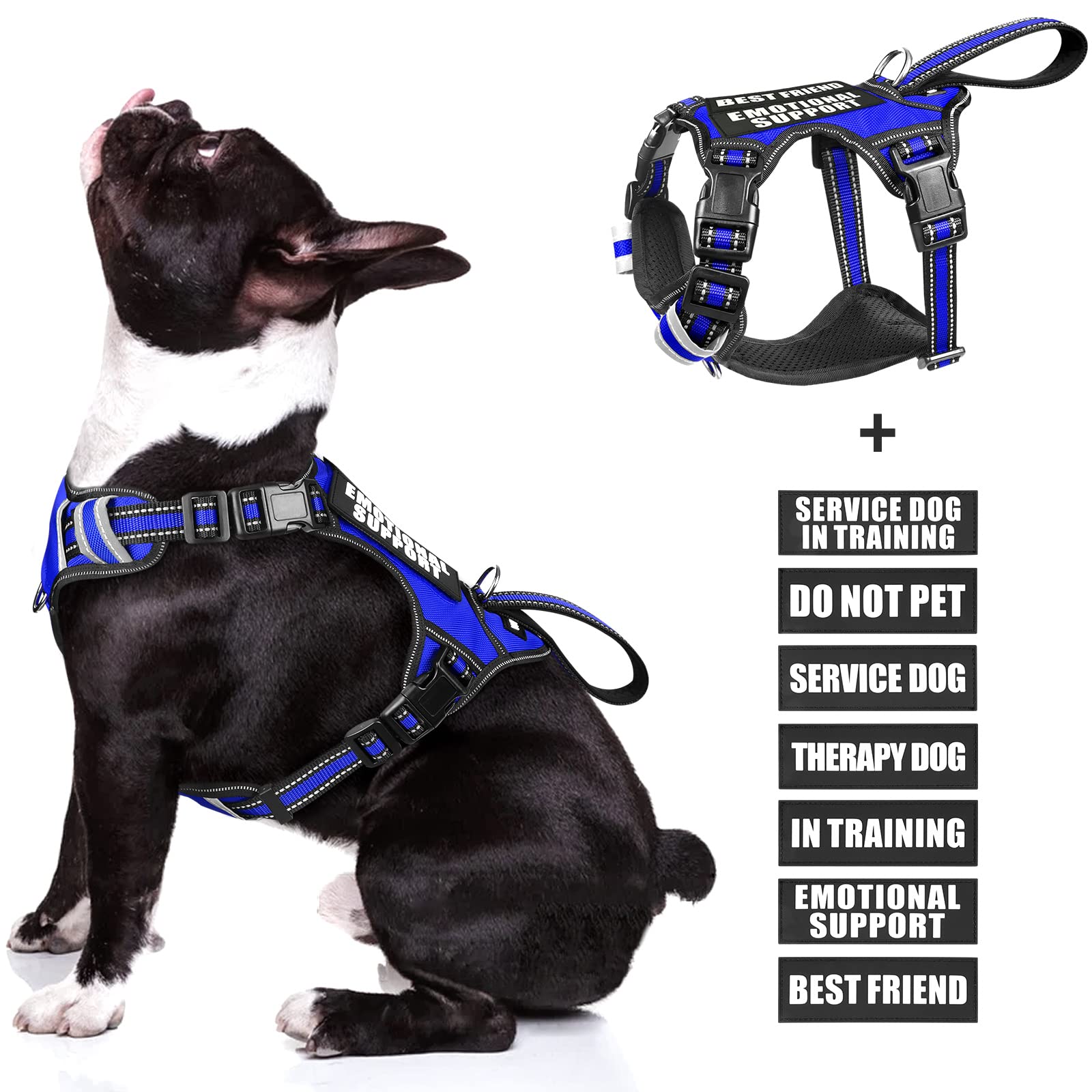 WINSEE No Pull Service Dog Vest with 7 Patches - Reflective Adjustable Dog Harness with Soft Padded Handle for Small Medium Large XL Dogs - Training Walking Outdoor Use (Medium, Dark Blue)