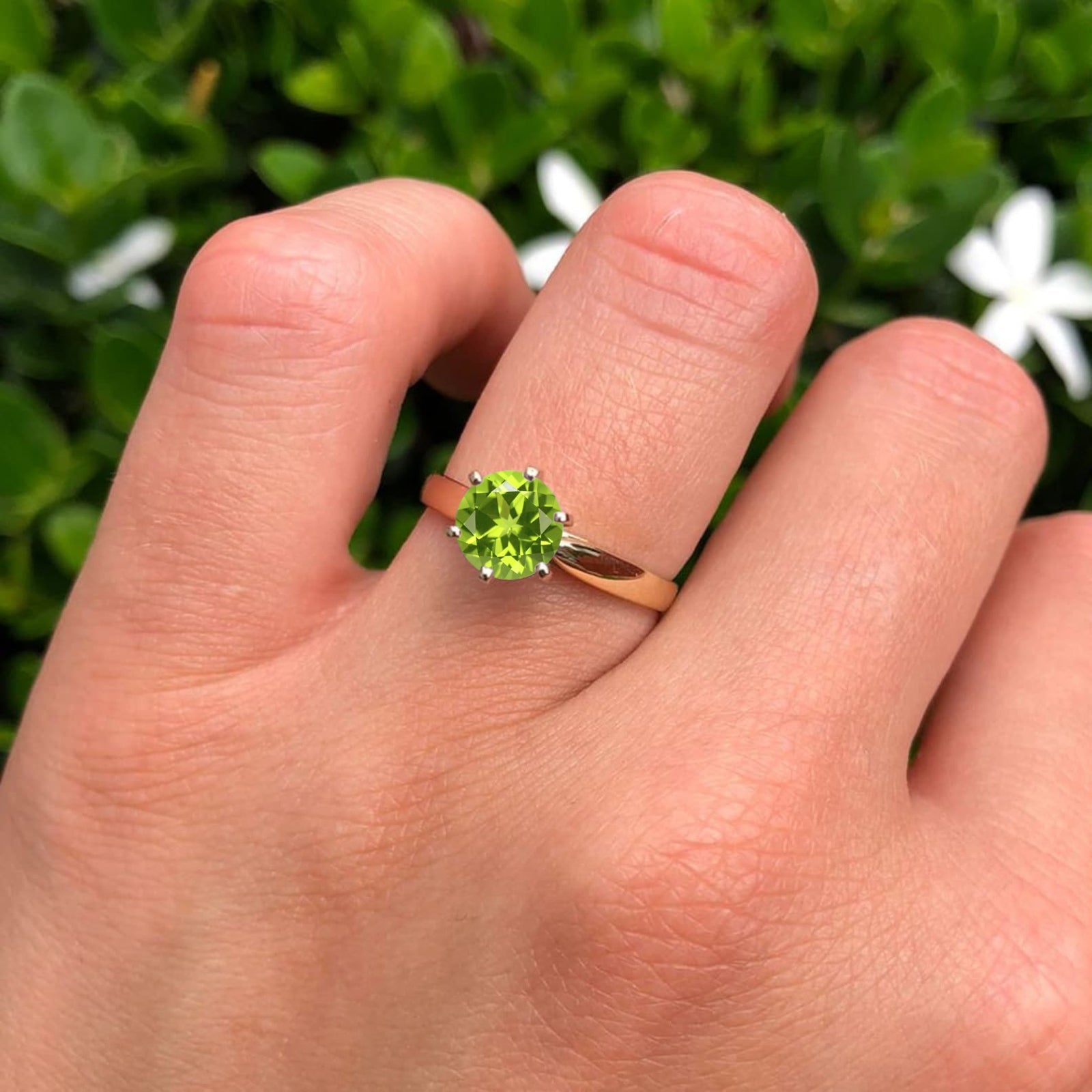 14K Yellow Gold Round Peridot and Cubic Zirconia Solitaire Ring for Women - Elegant Birthstone Jewelry Gift for August, Engagement, Wedding, Anniversary
