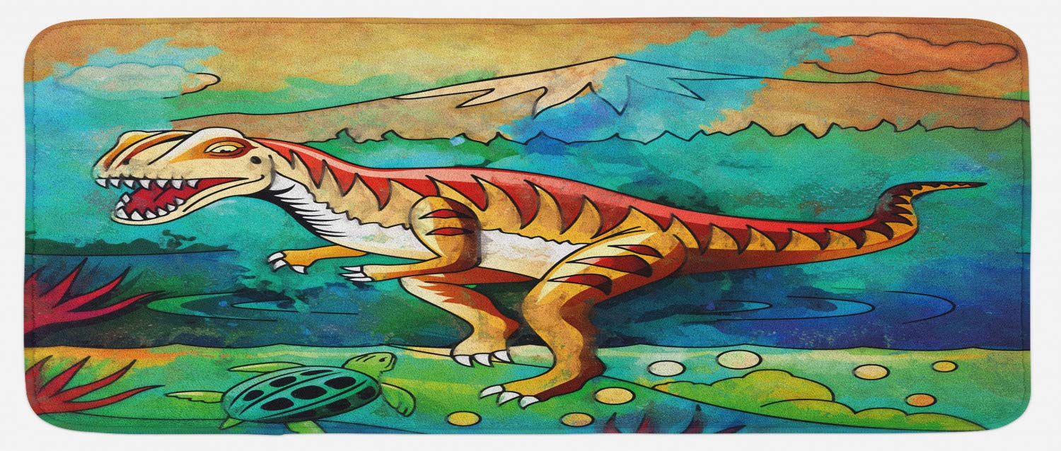 Ambesonne Non-Slip Dinosaur Kitchen Mat - Colorful Velociraptor Design in Prehistoric Wild Environment, Plush Decorative Rug with Anti-Skid Backing, 47x19 Inches, Multicolor - Perfect for Kitchen, Dining Room, or Kids Play Area
